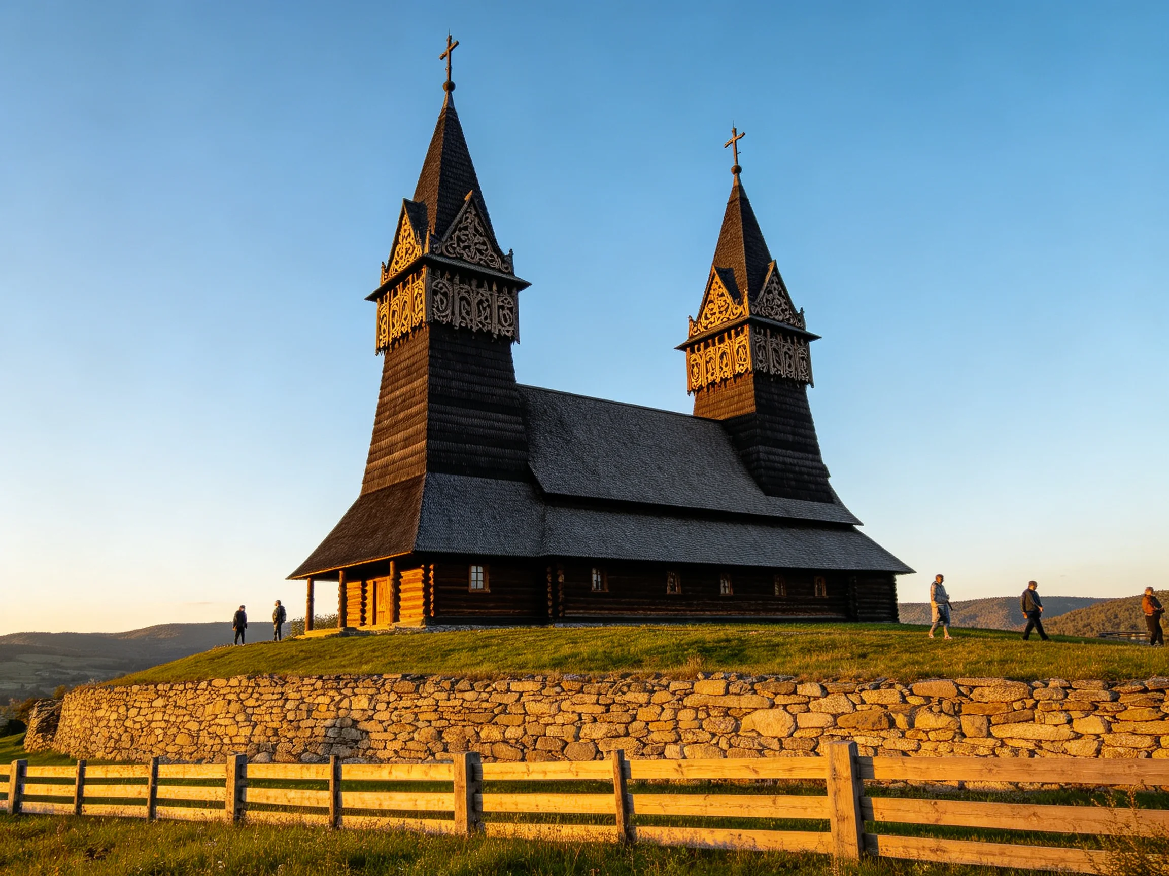 Dark wooden church with twin spires atop stone mound under clear blue sky