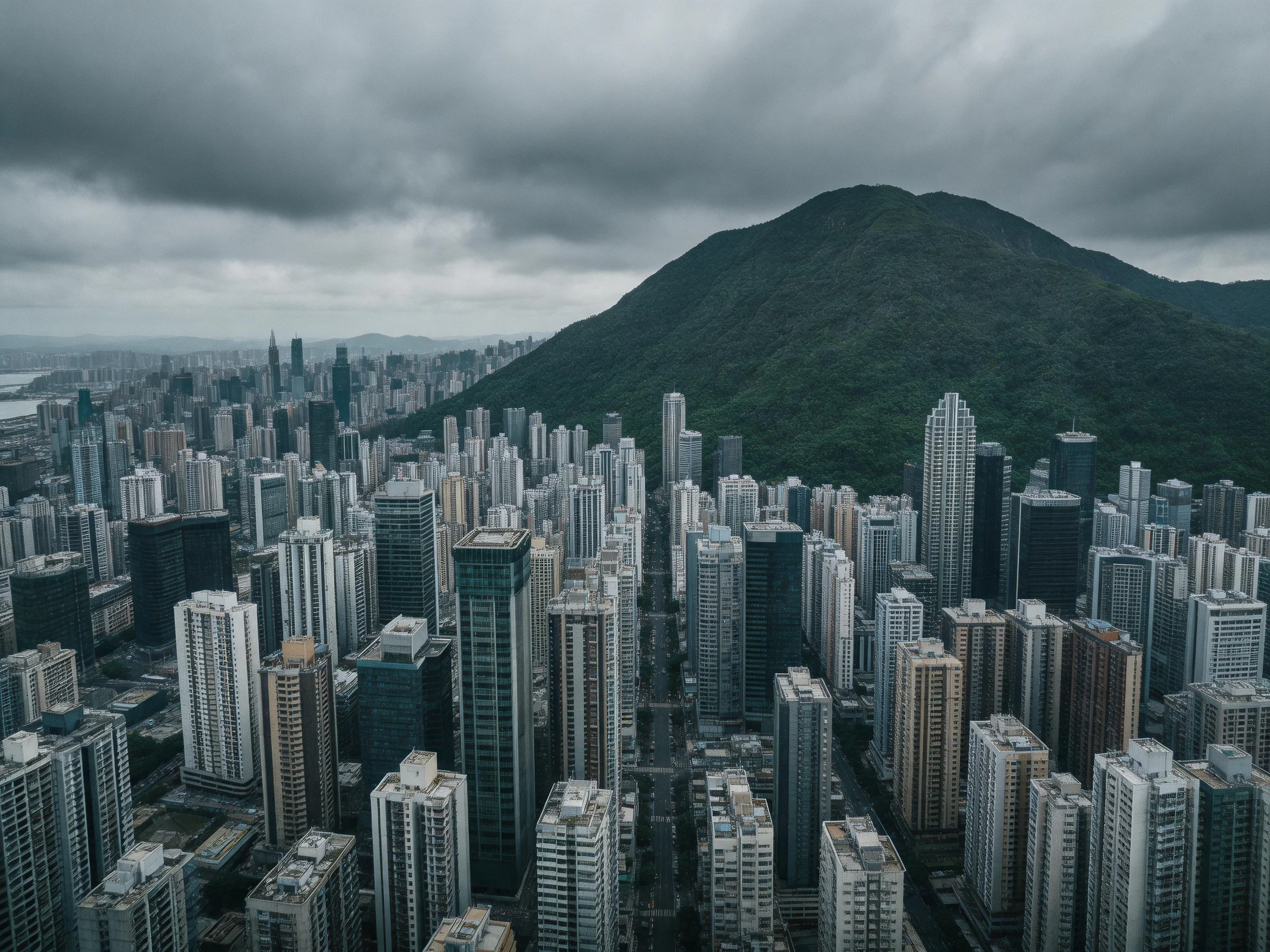 Dense cluster of skyscrapers near a large green mountain under overcast skies