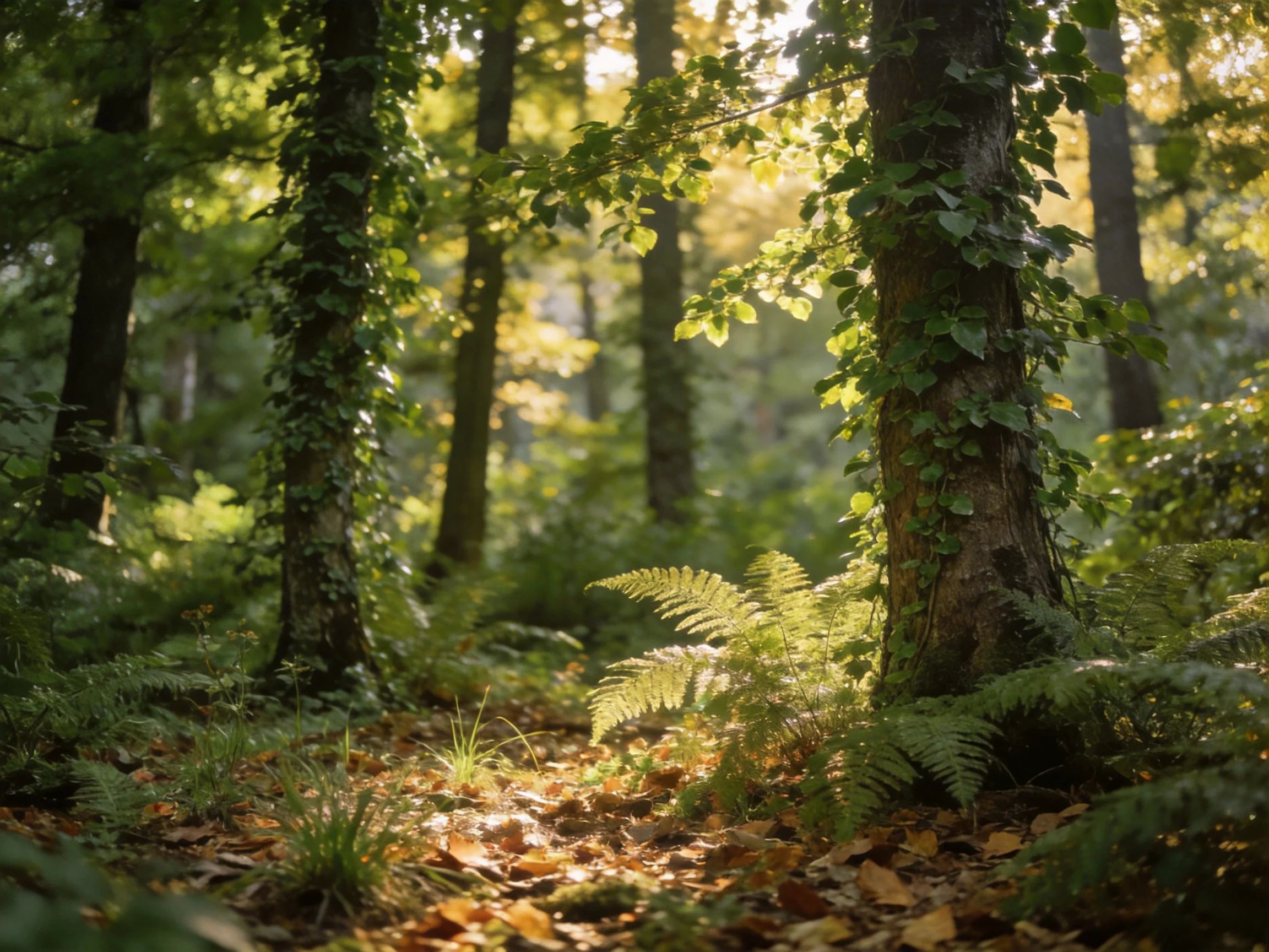 Dense forest with tall trees, ferns, and fallen leaves