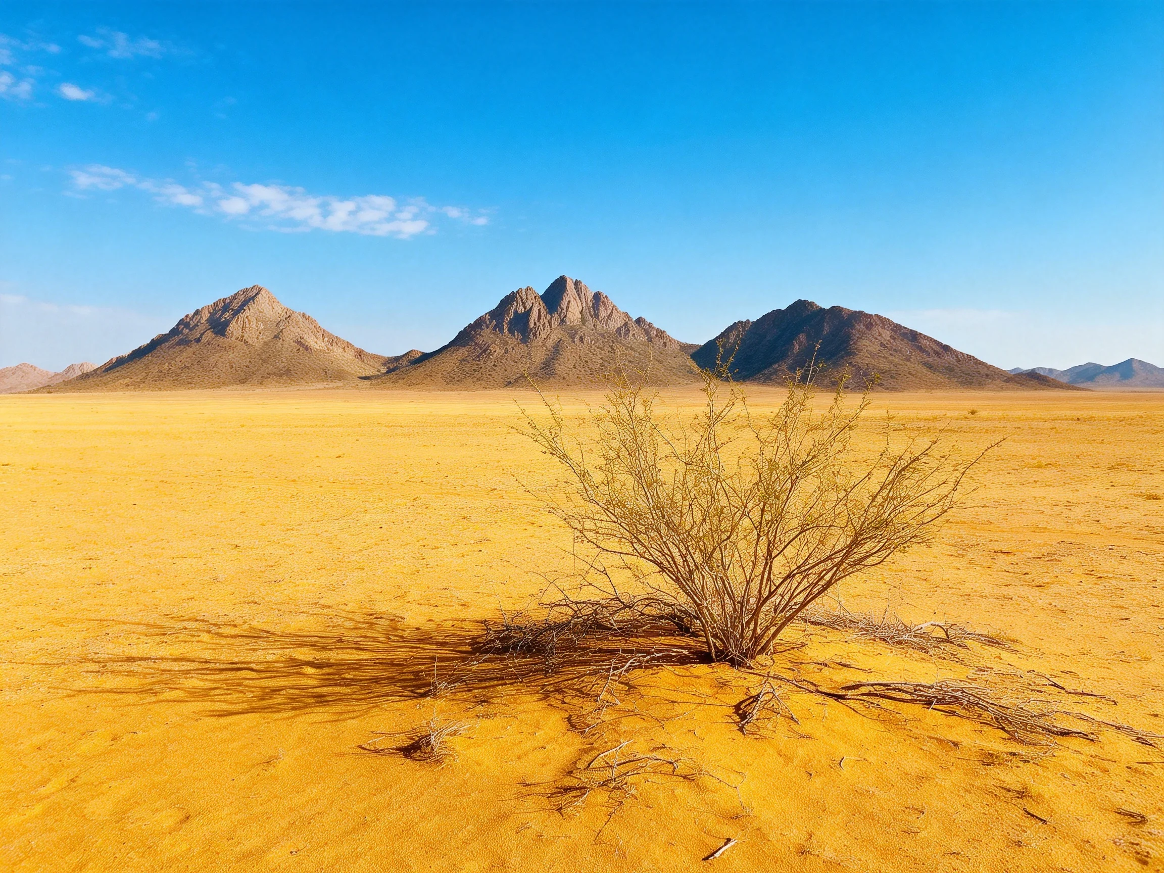 Desert Landscape with Golden Sand, Lone Bush, and Rocky Mountains