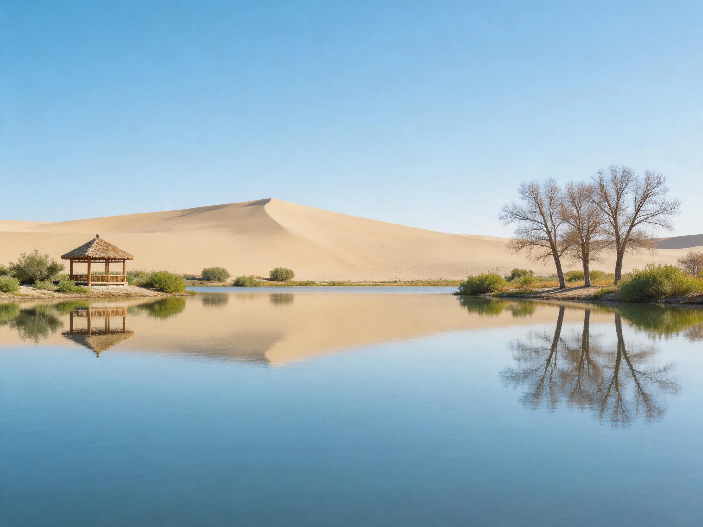 Desert oasis with sand dunes, calm water, and wooden gazebo