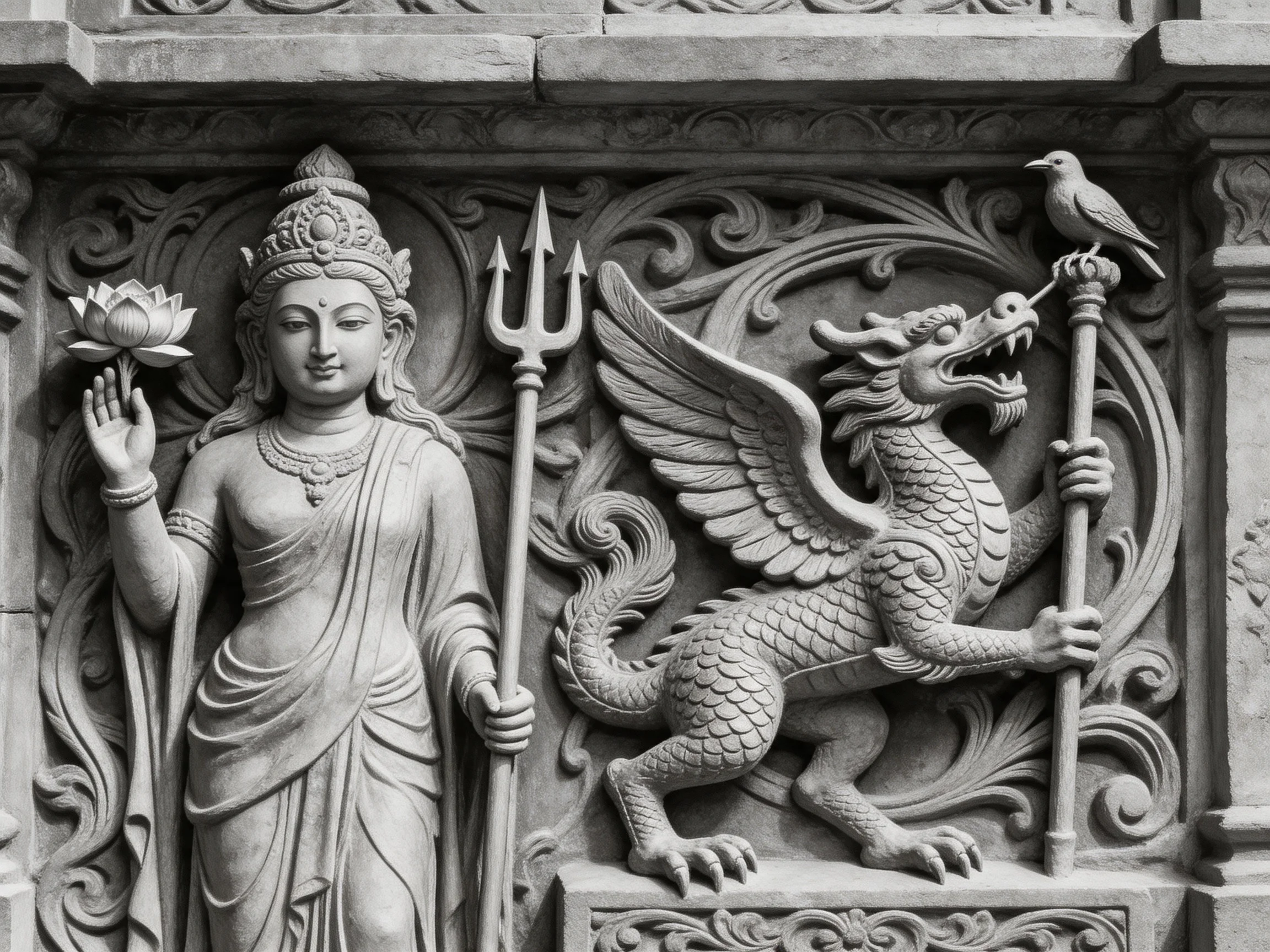 Detailed Black-and-White Stone Sculpture of a Deity and Winged Dragon