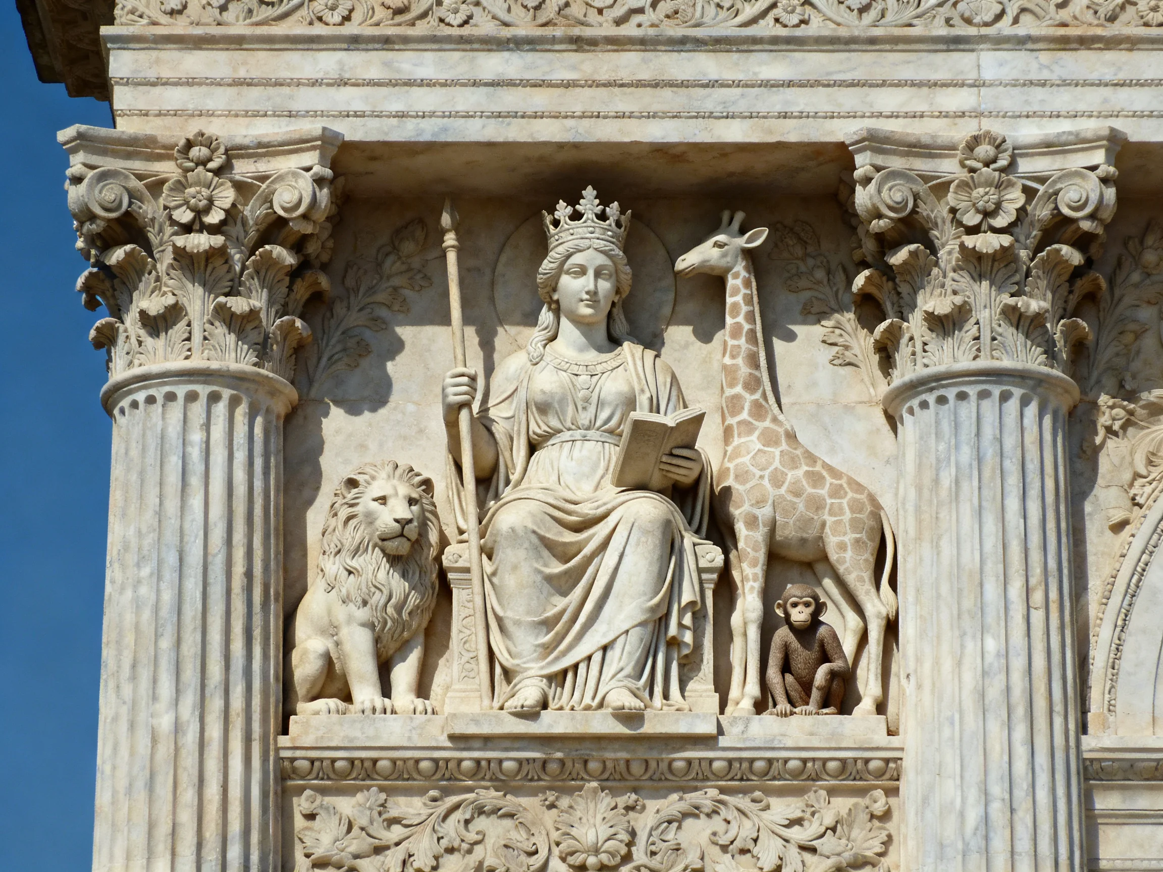 Detailed stone relief of a crowned figure with animals between columns