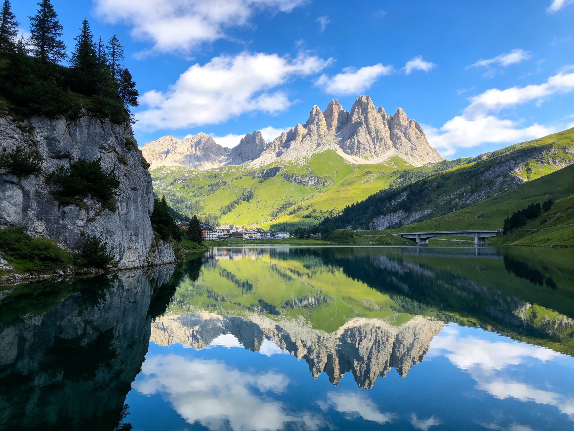 Dramatic Mountain Peaks Reflecting in a Still Lake Amidst Green Hills