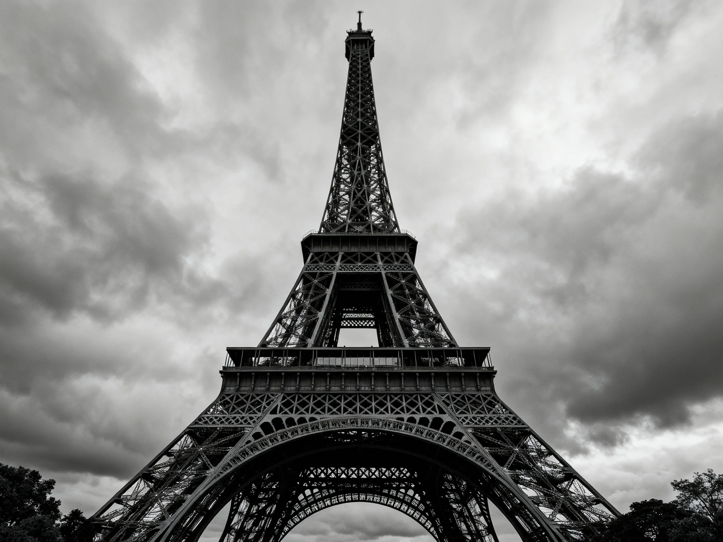 Dramatic black-and-white view of the Eiffel Tower beneath stormy clouds