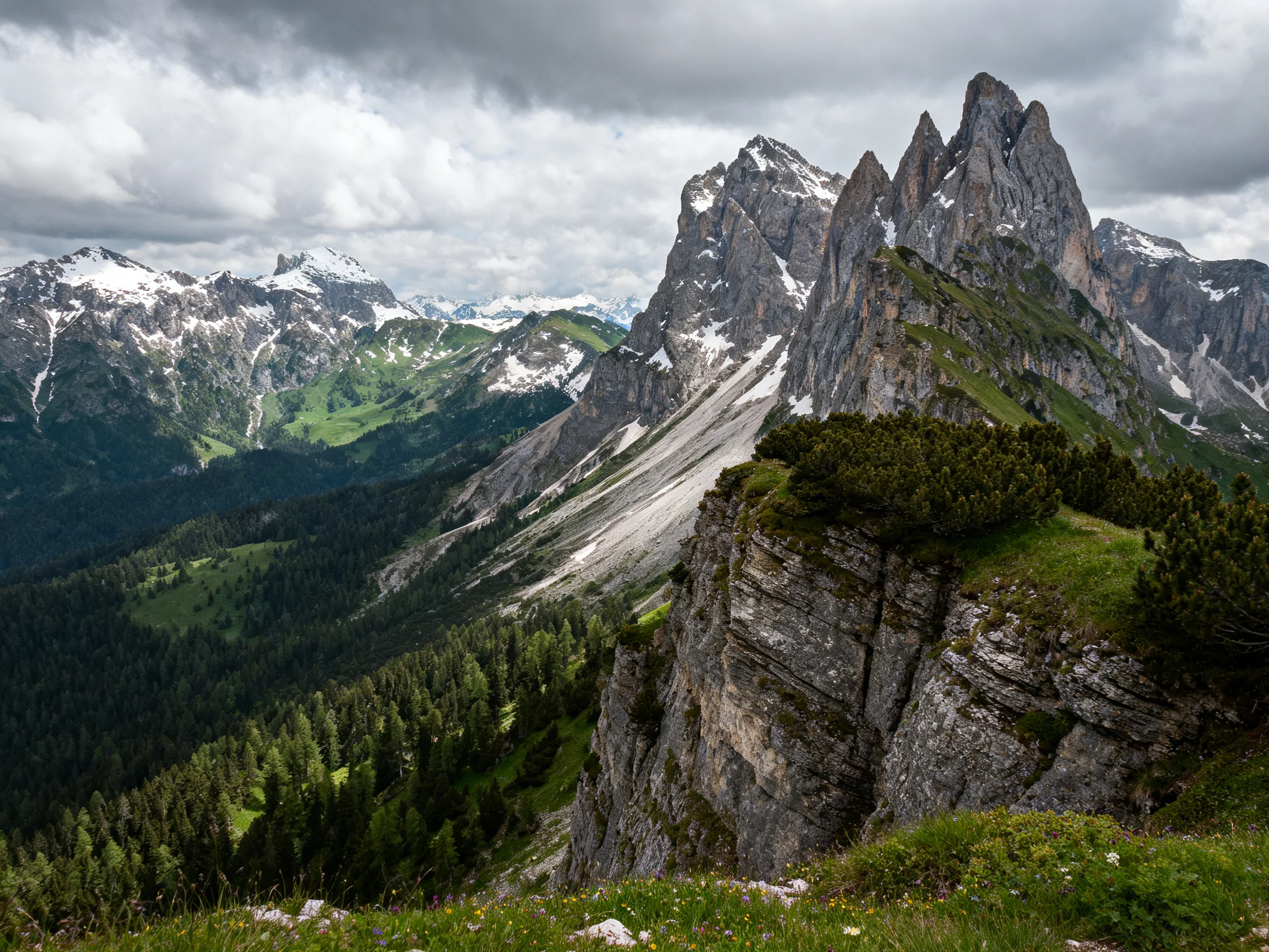 Dramatic mountain peaks with rocky cliffs and lush valleys