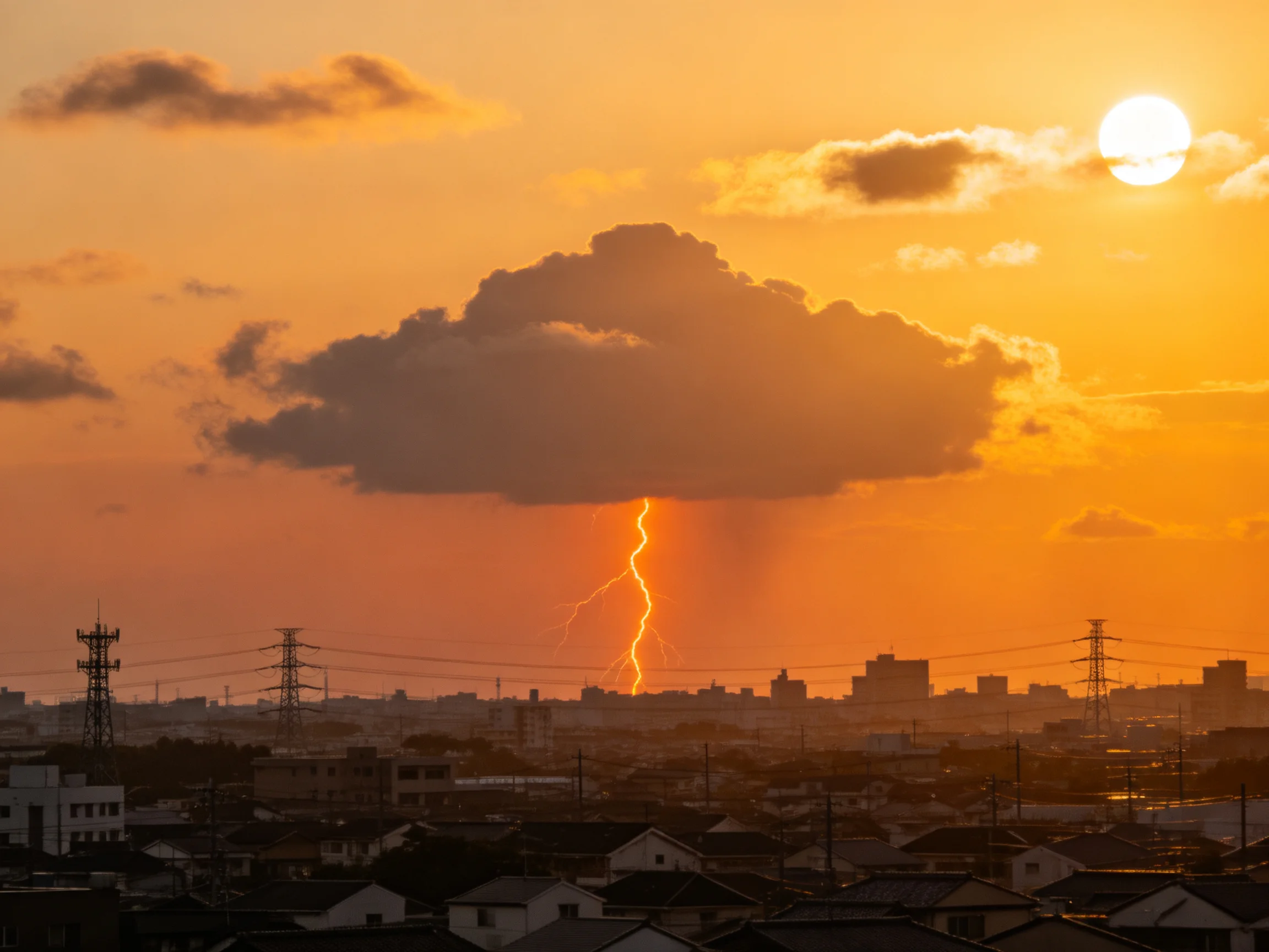 Dramatic sunset with lightning illuminating an urban skyline