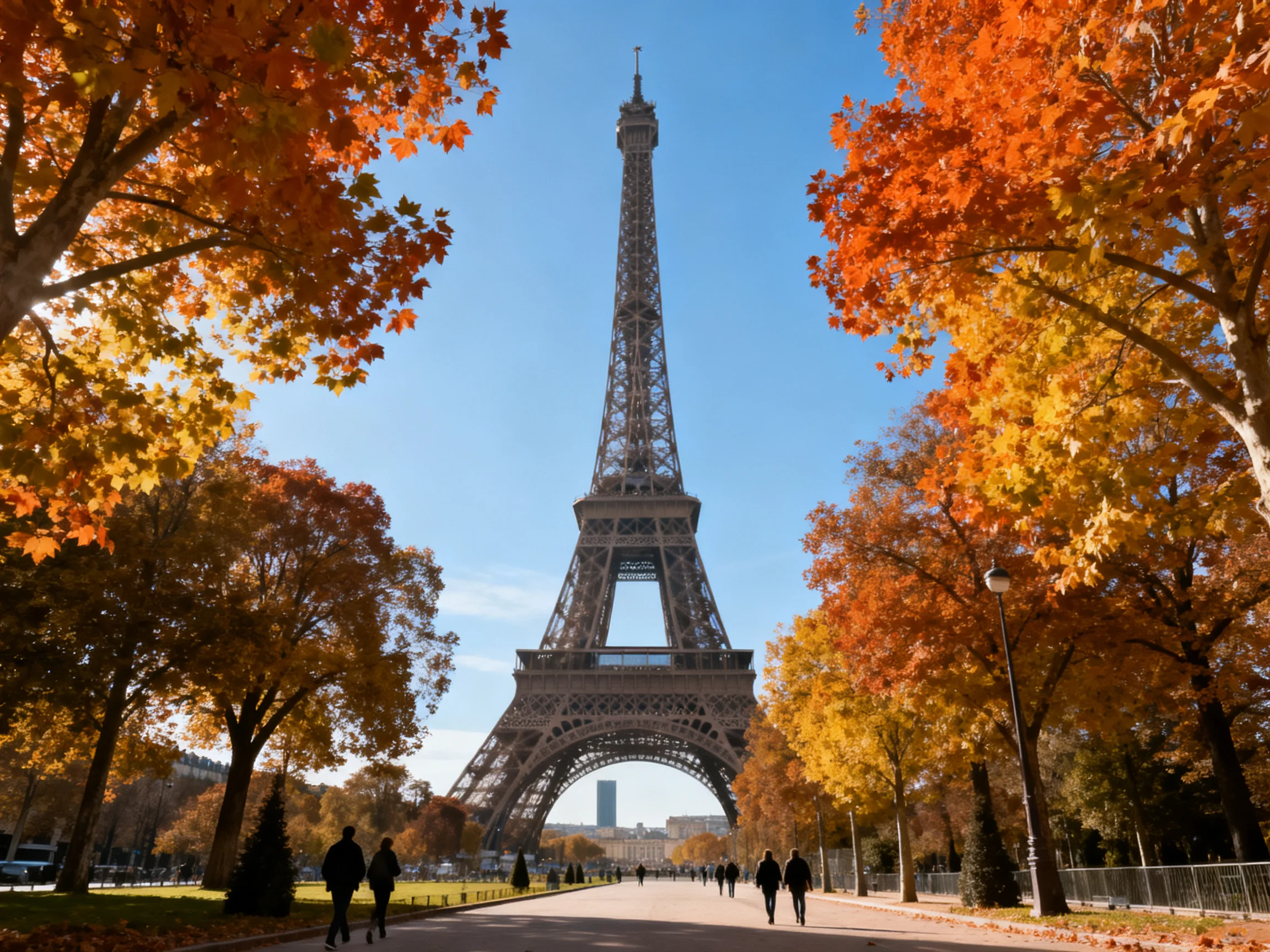 Eiffel Tower framed by colorful autumn trees under clear blue sky