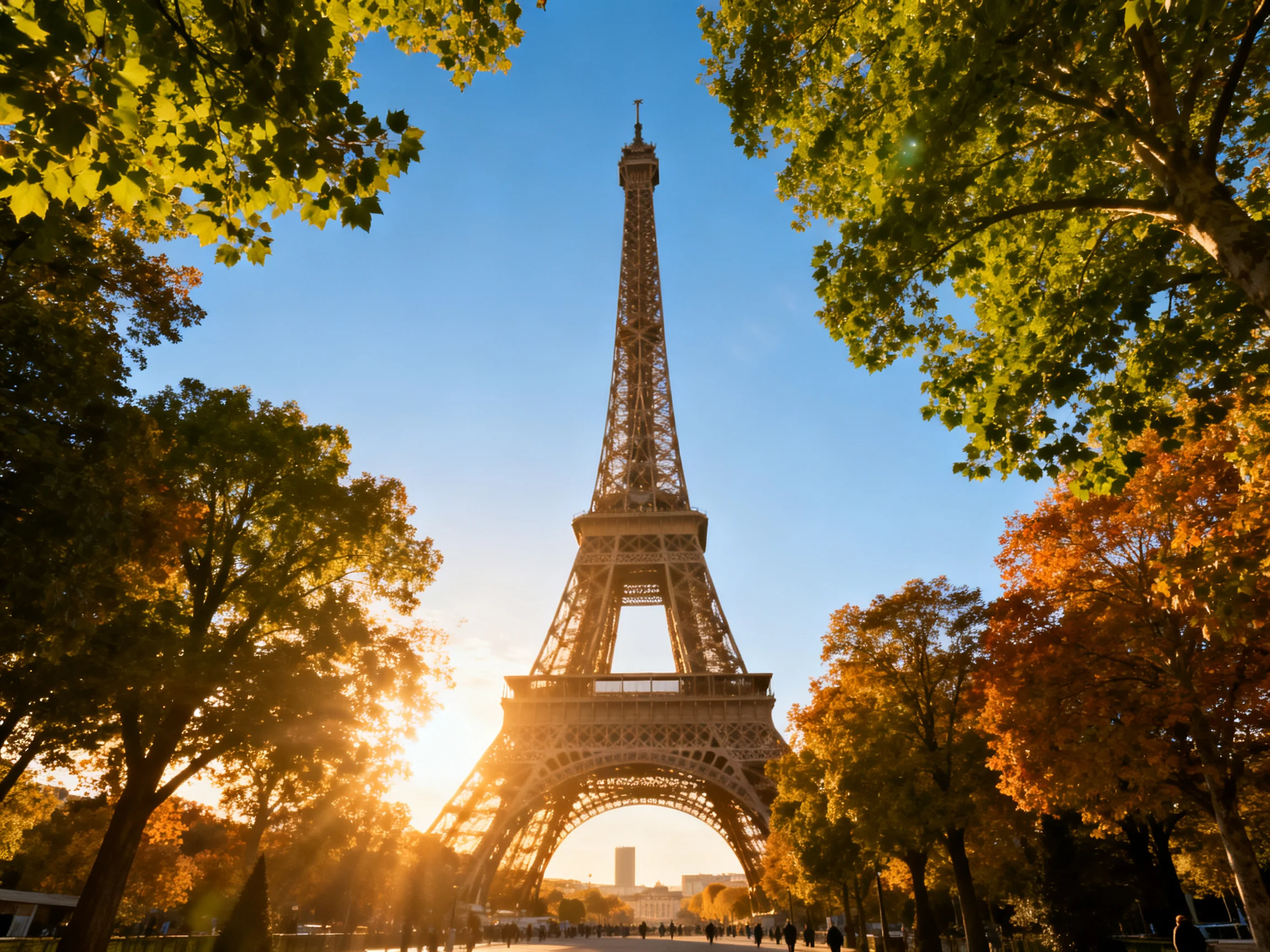 Eiffel Tower illuminated by golden sunlight amidst autumn foliage