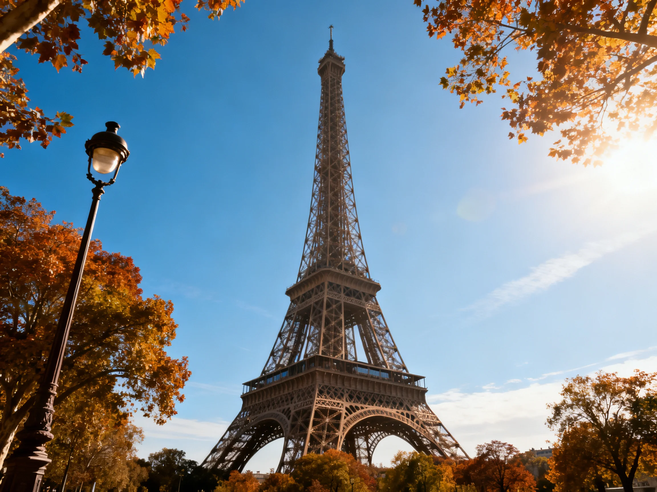 Eiffel Tower towers over autumn trees under bright blue sky