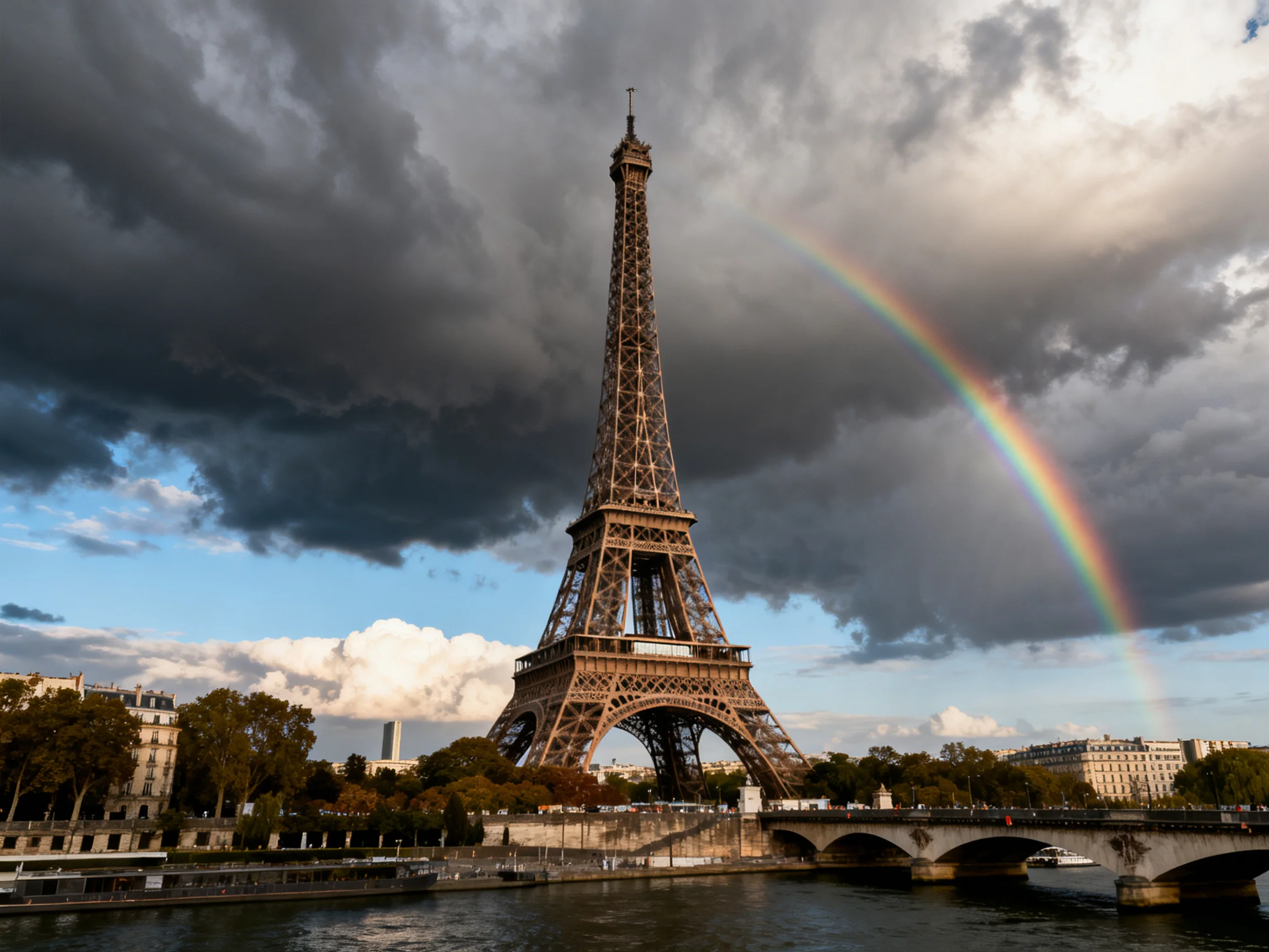 Eiffel Tower with Rainbow Under Stormy Skies