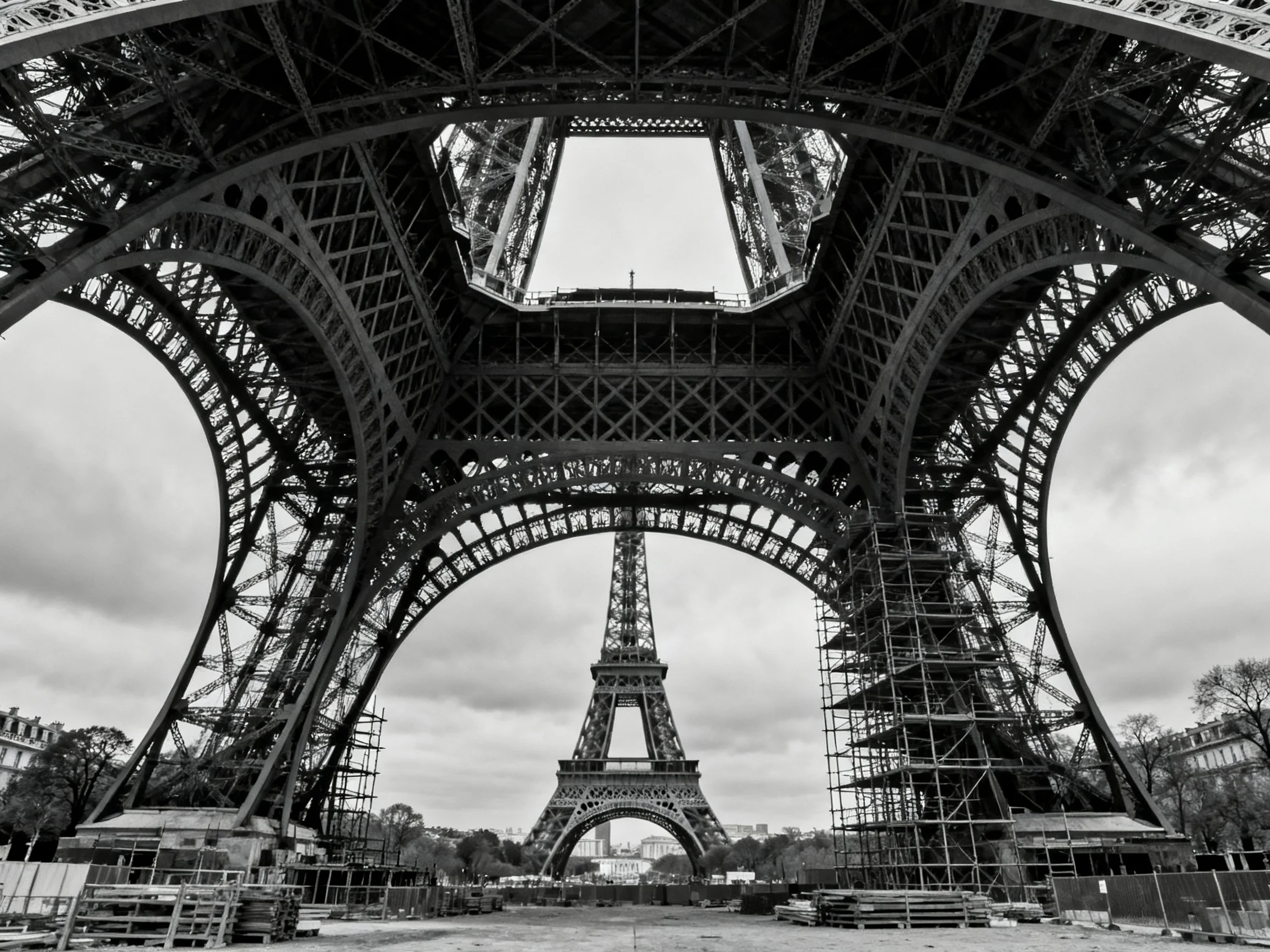 Eiffel Towers Understructure with Scaffolding and Tower View