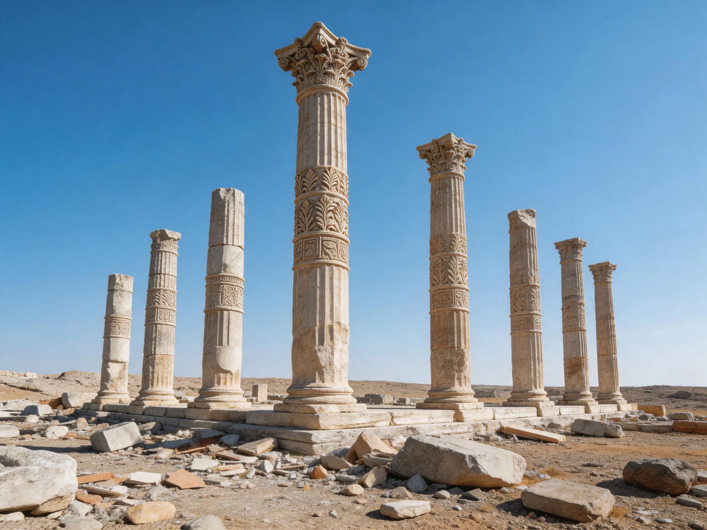 Eight ancient stone columns in a desert archaeological site