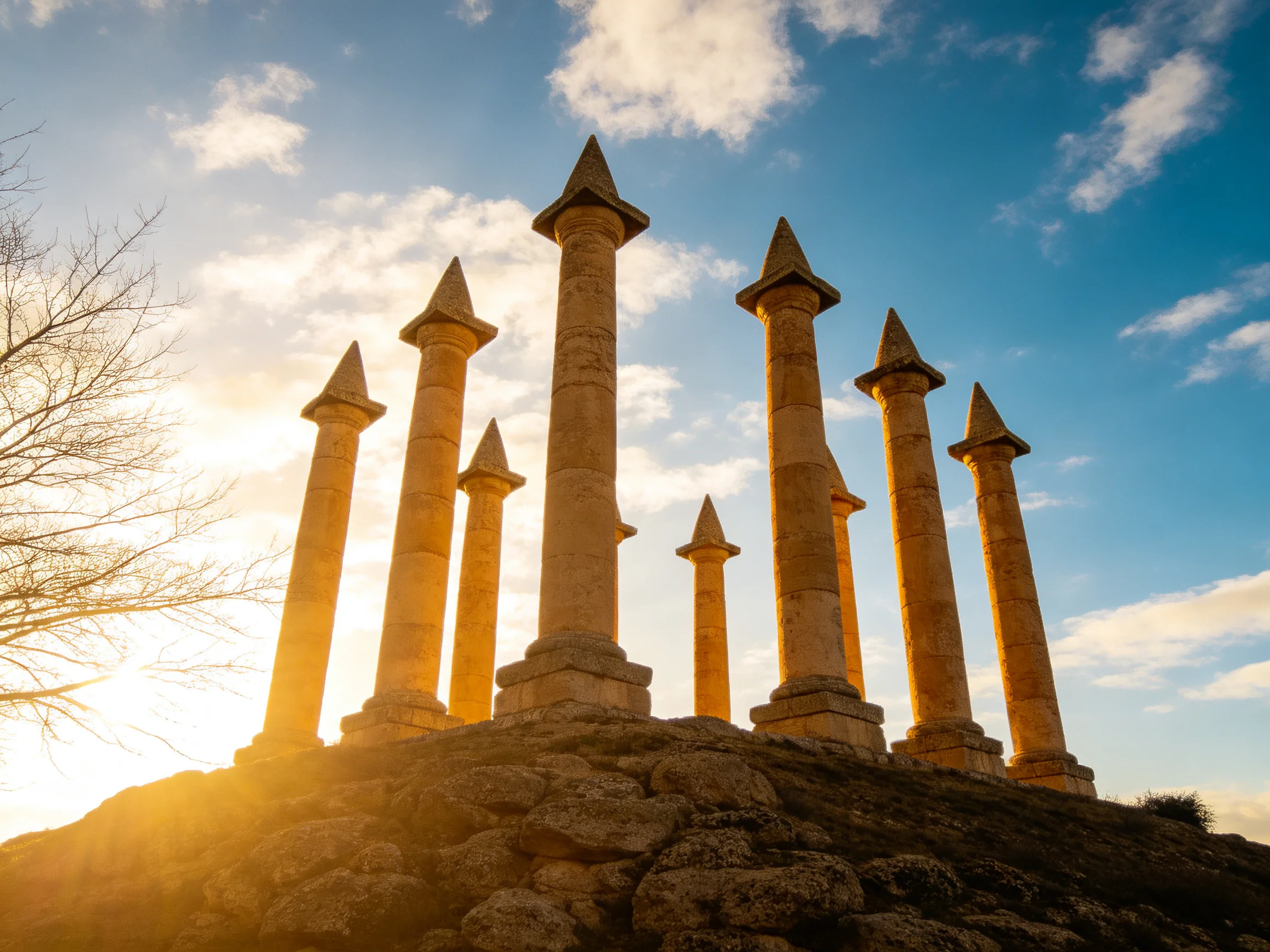 Eight ancient stone columns stand atop a rocky hill under golden sunset