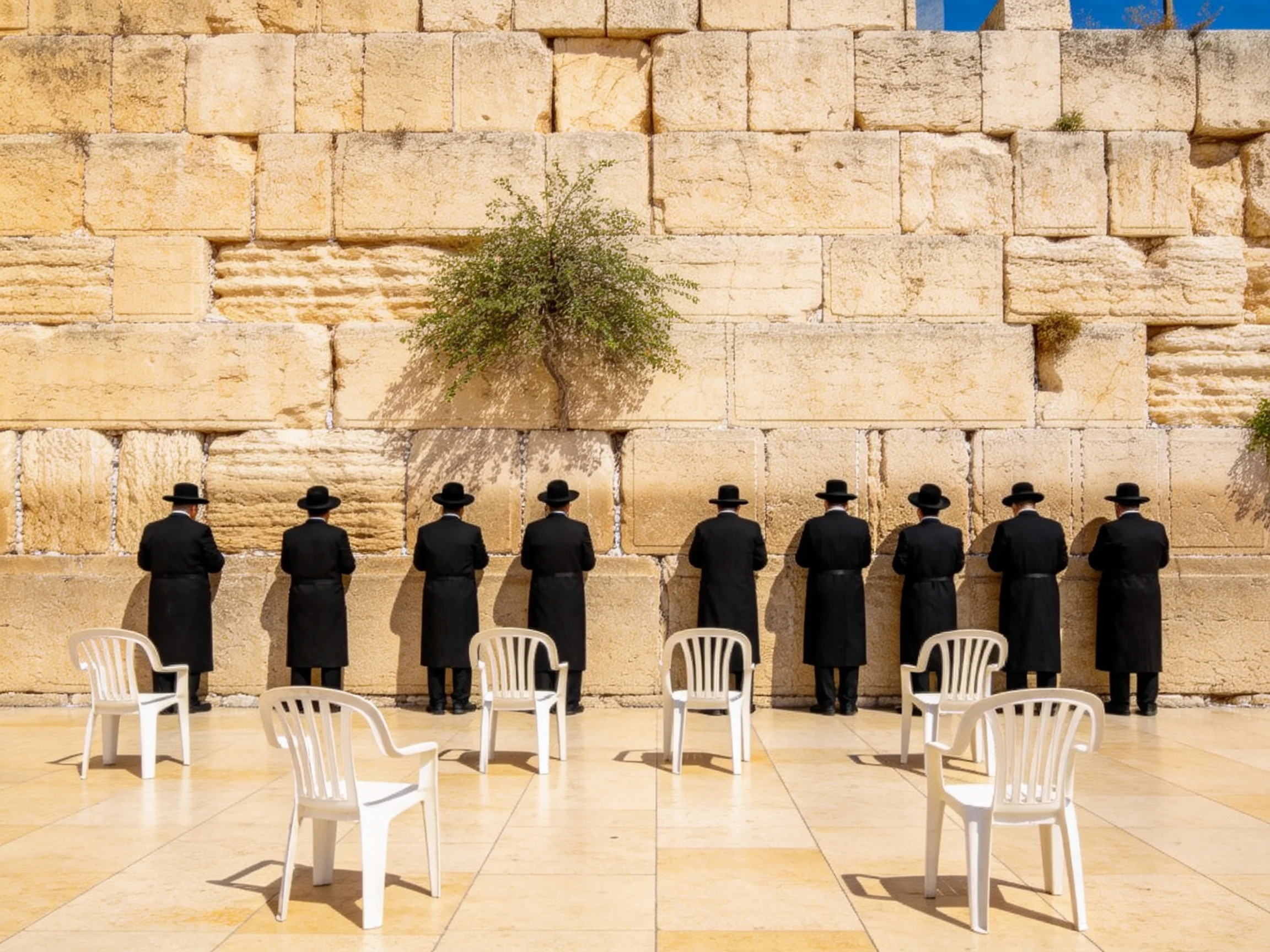 Eight men in black coats pray at ancient stone wall with white plastic chairs