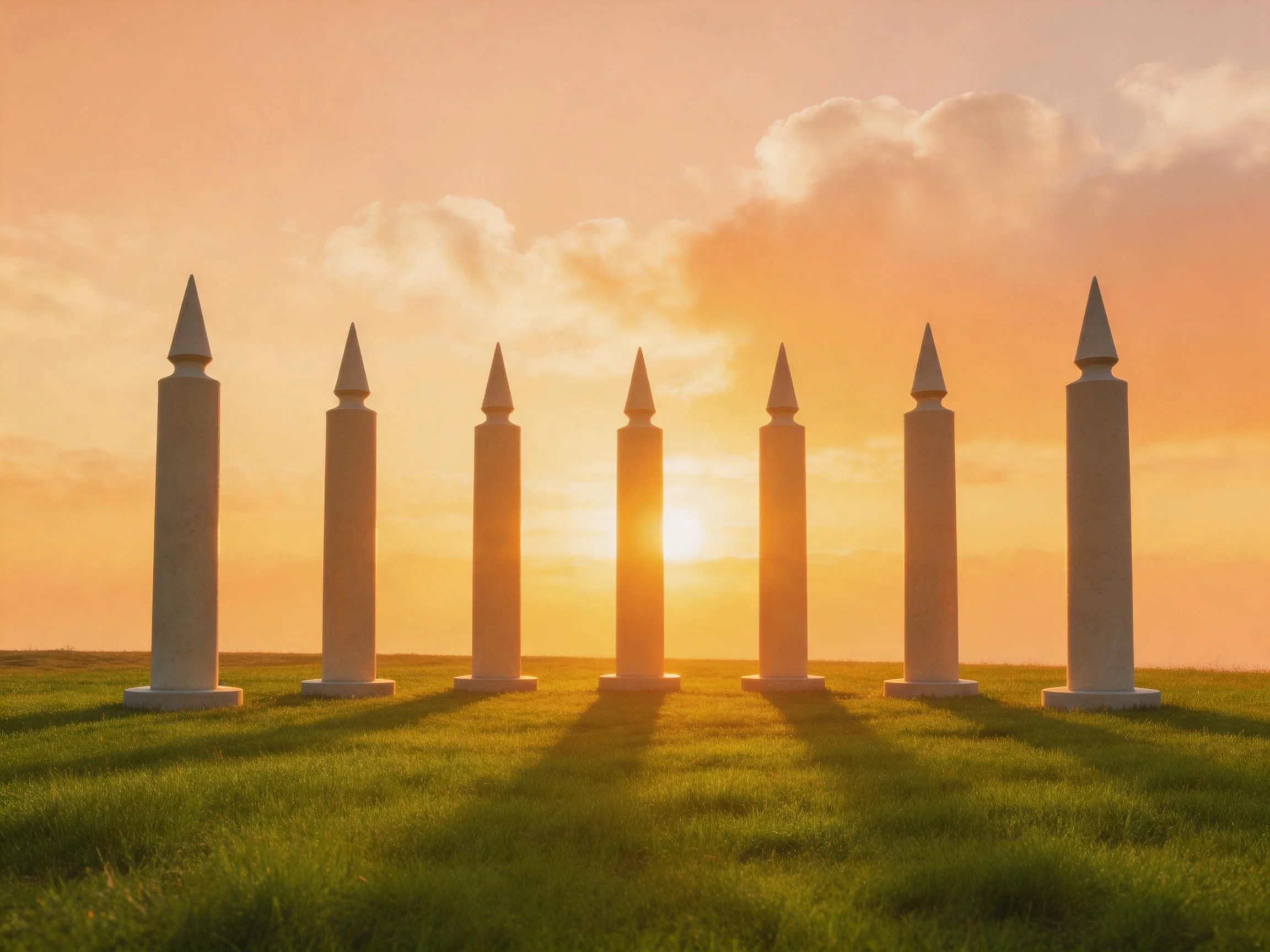 Eight stone pillars stand in a row on green grass beneath an orange sunset sky