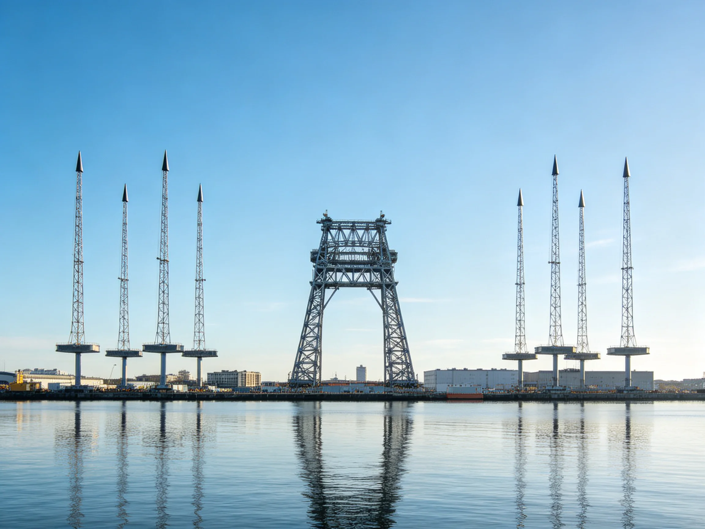 Eight tall metal towers flank a large industrial crane by calm water