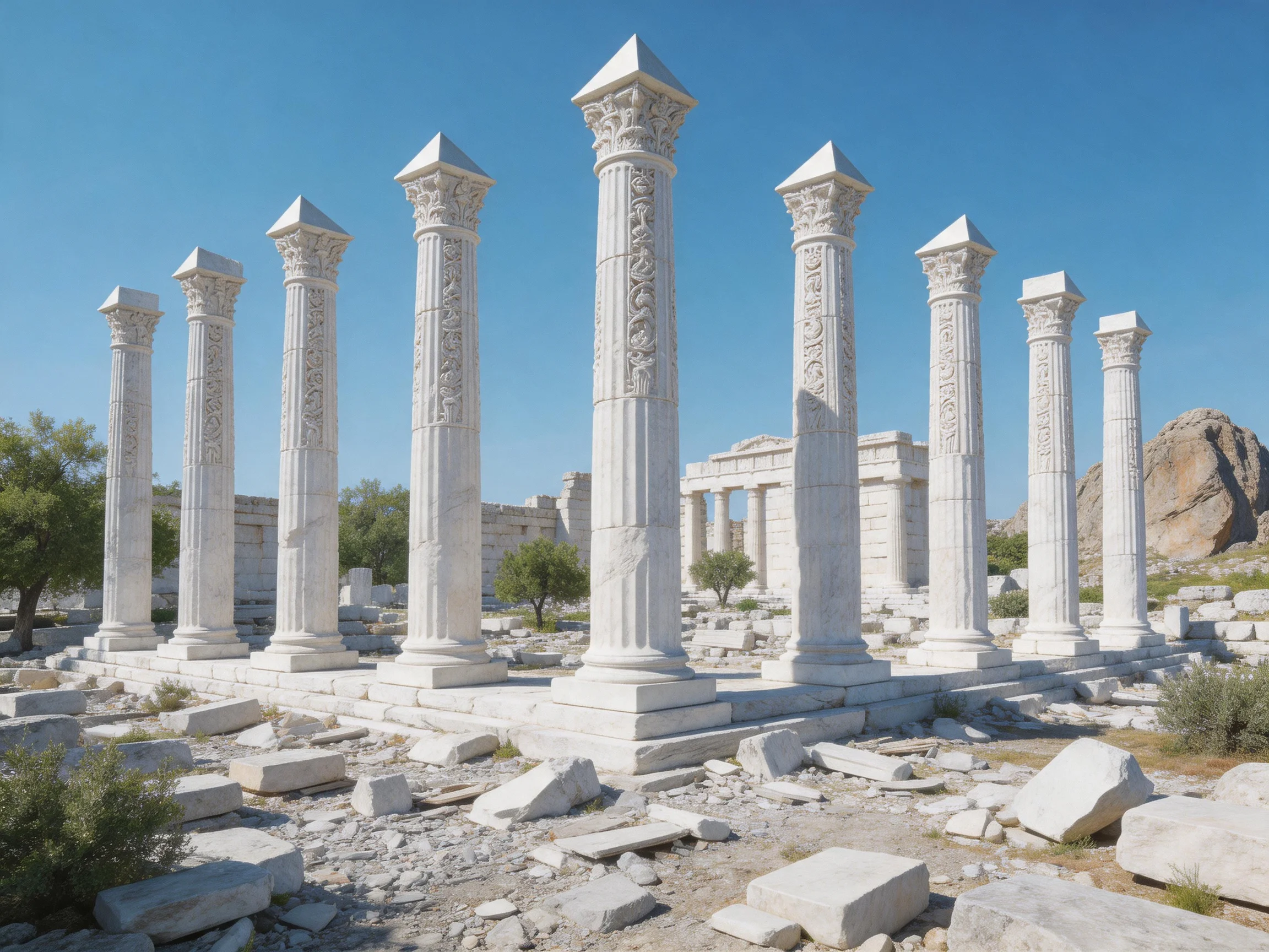 Eight tall white marble columns among ancient ruins under clear blue sky