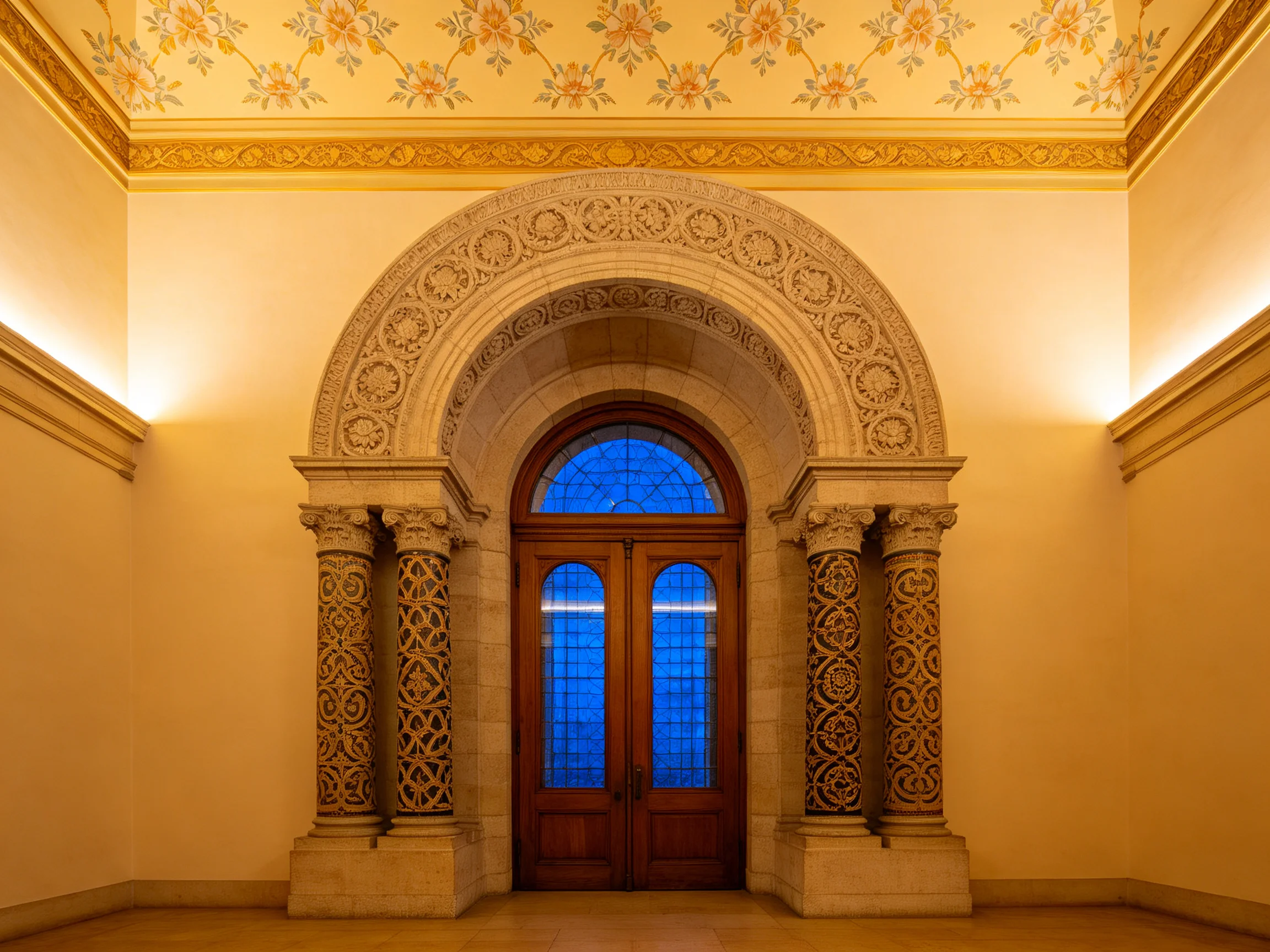 Elaborately Carved Arched Entry with Stained Glass Doors