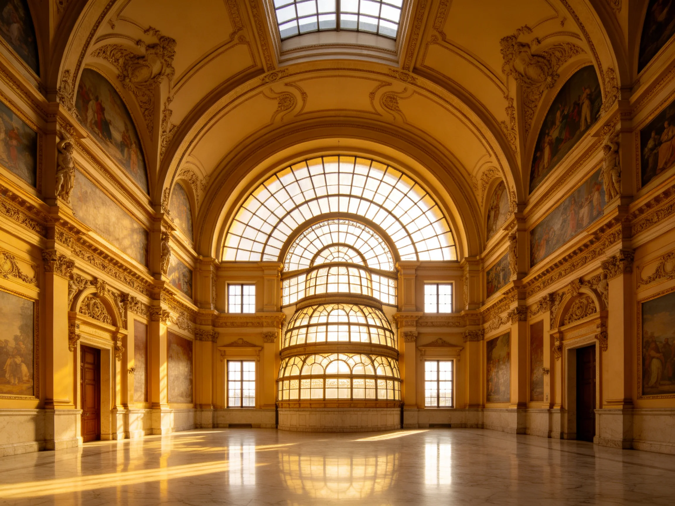 Elaborately Decorated Golden Hall with Large Arched Windows
