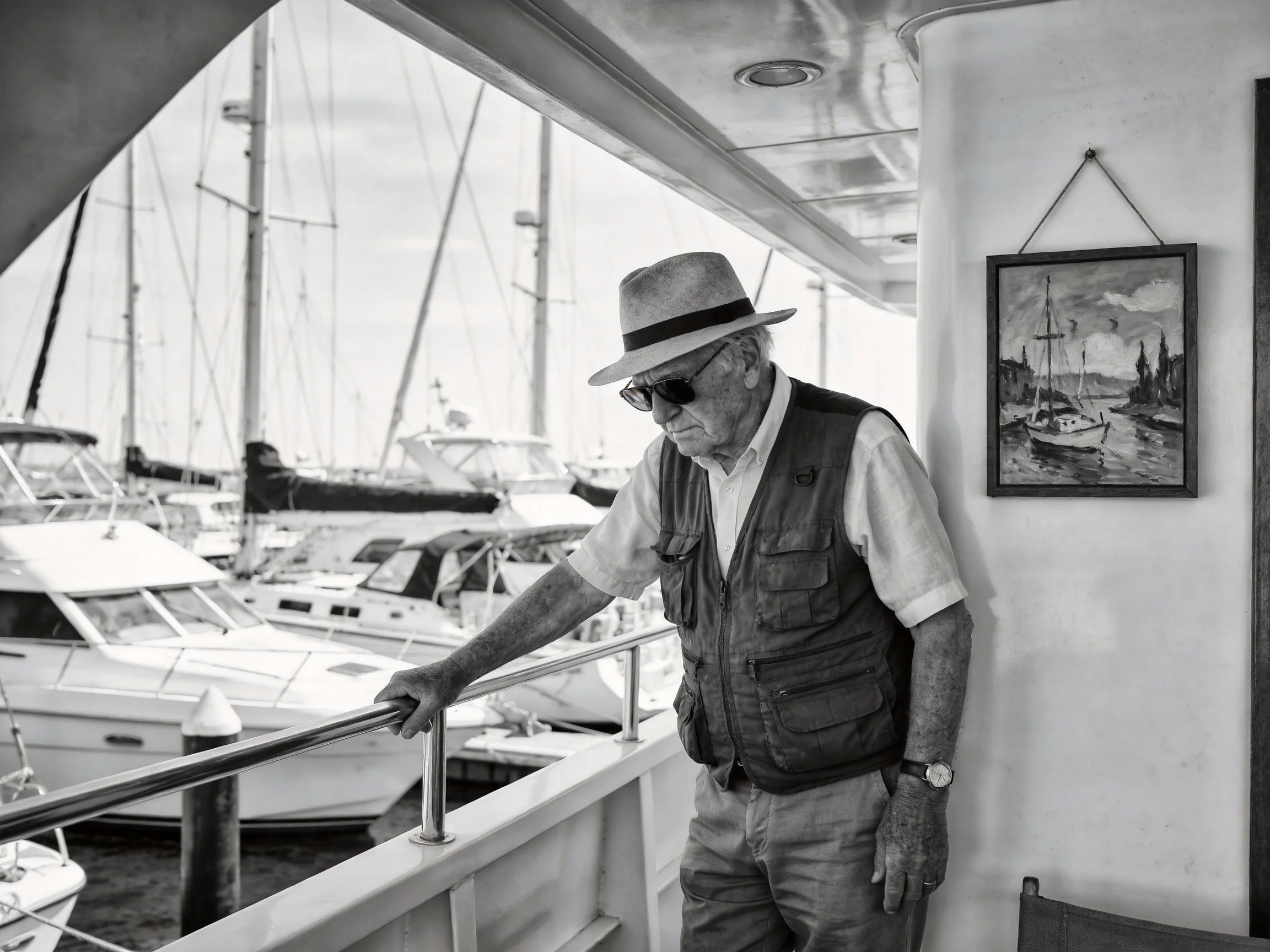 Elderly Man in Hat on Boat Deck Near Docked Yachts