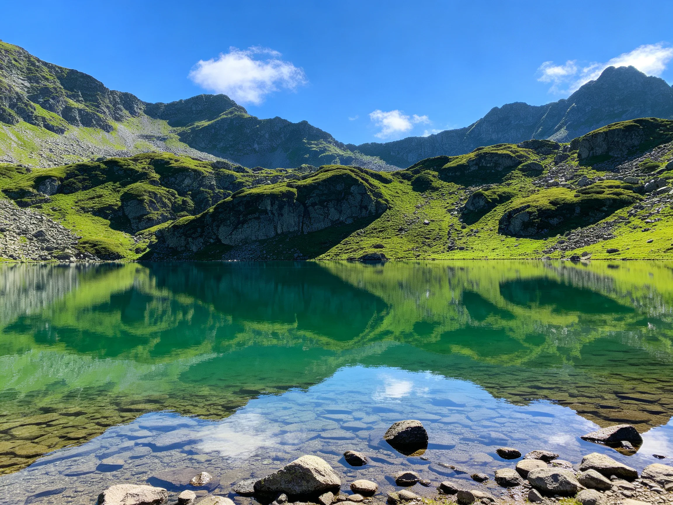 Emerald Lake Reflects Verdant Hills Beneath Bright Blue Sky
