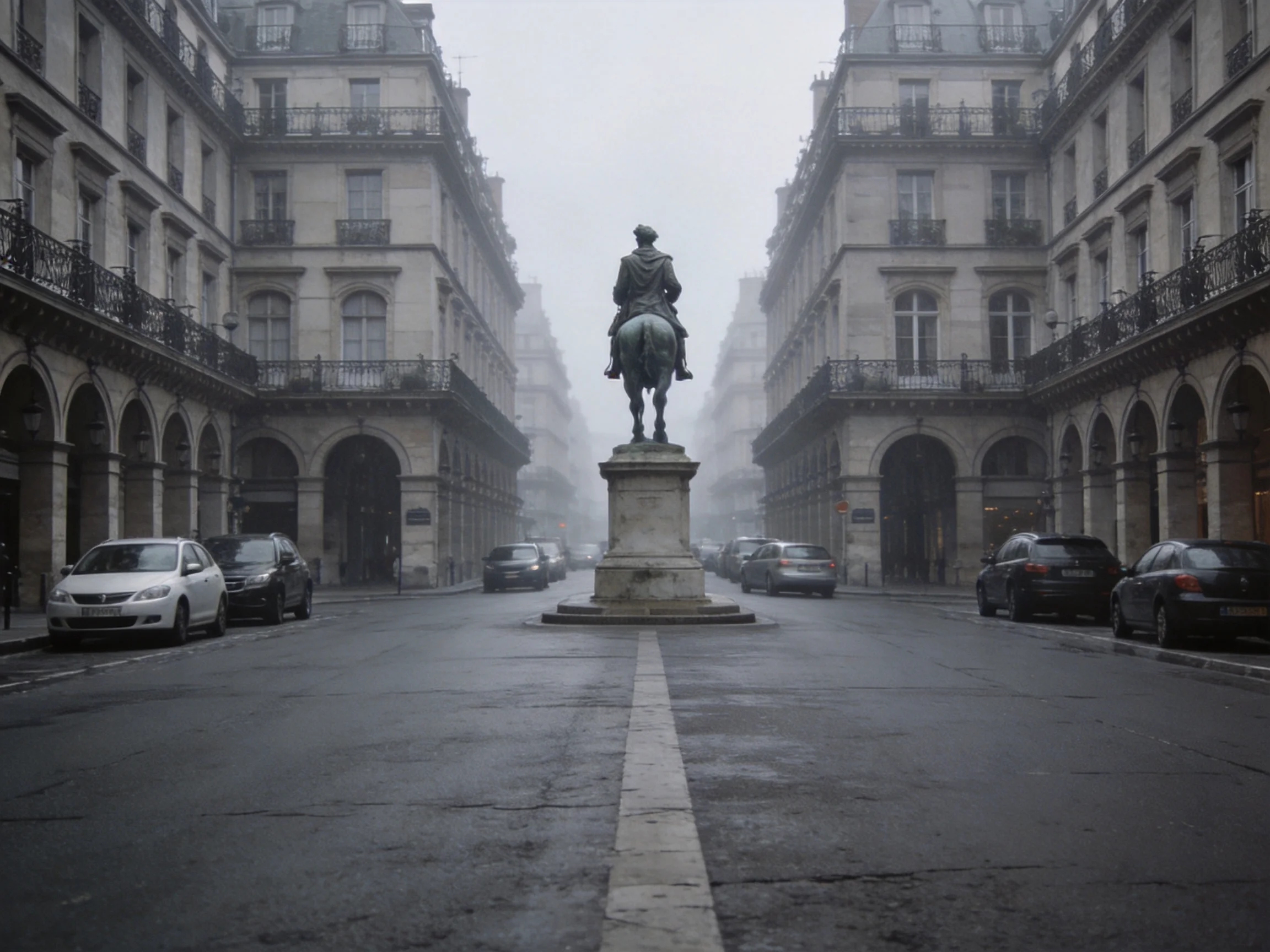 Equestrian Statue Amid Historic Buildings on Foggy Street