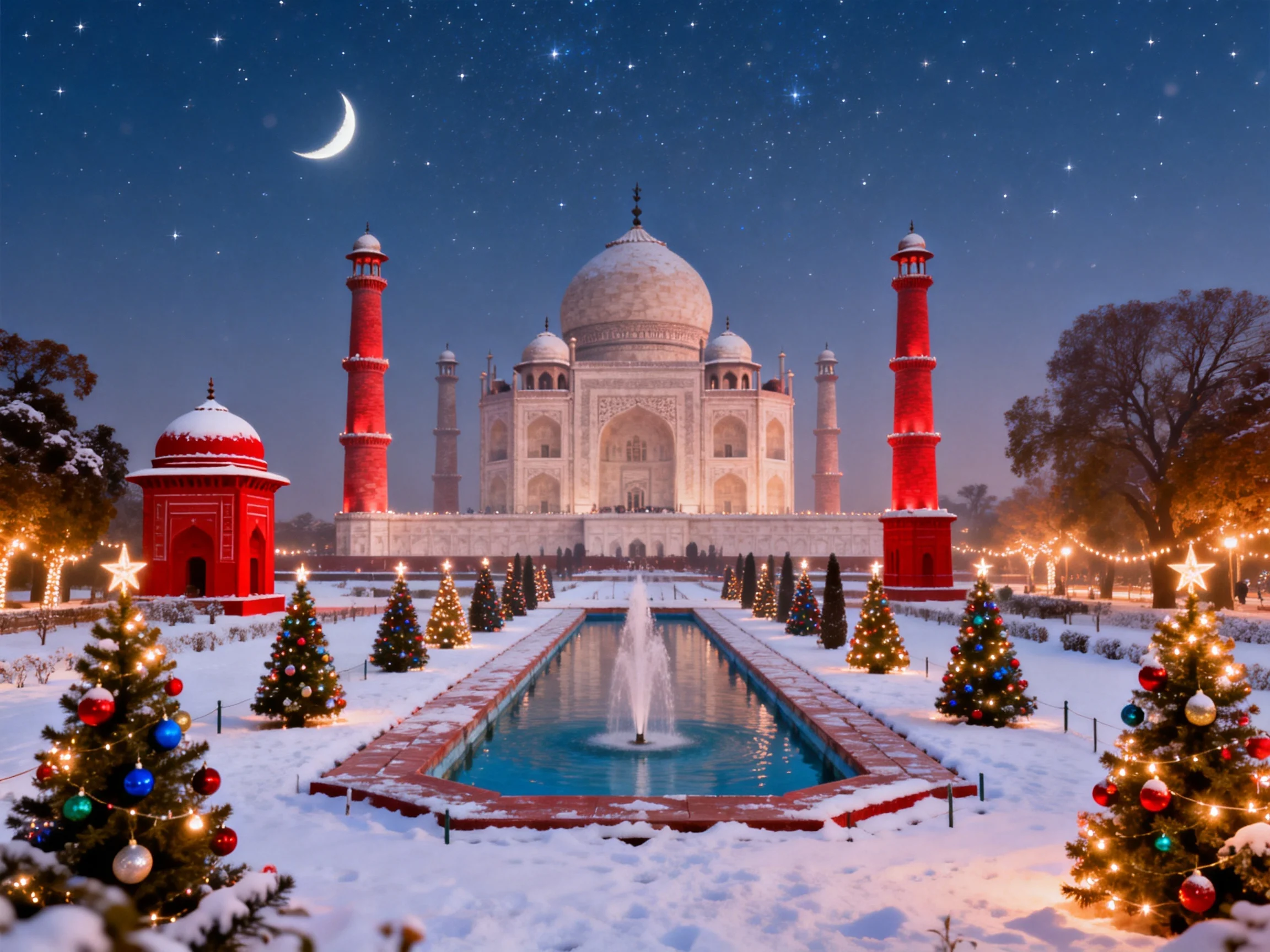 Festive Christmas Trees Near Snow-Capped Taj Mahal Under Starry Night