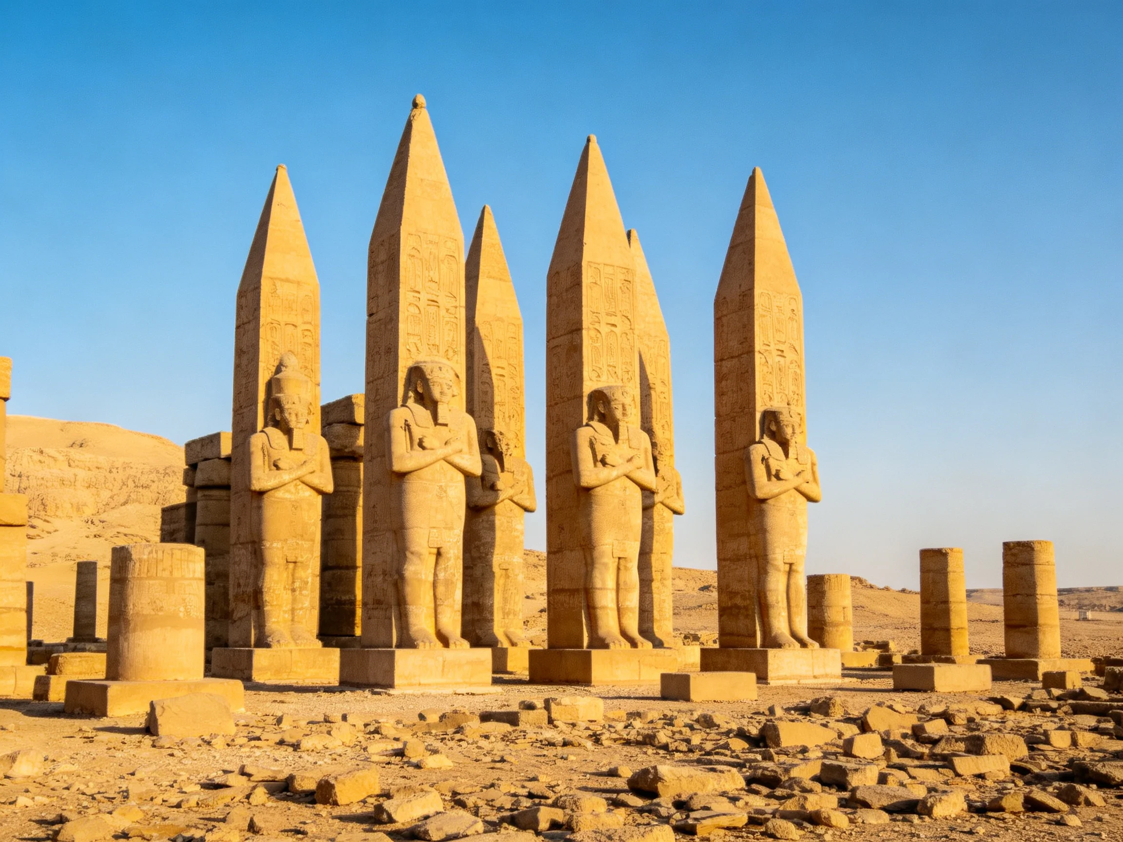 Five ancient sandstone obelisks with carved figures in a desert landscape