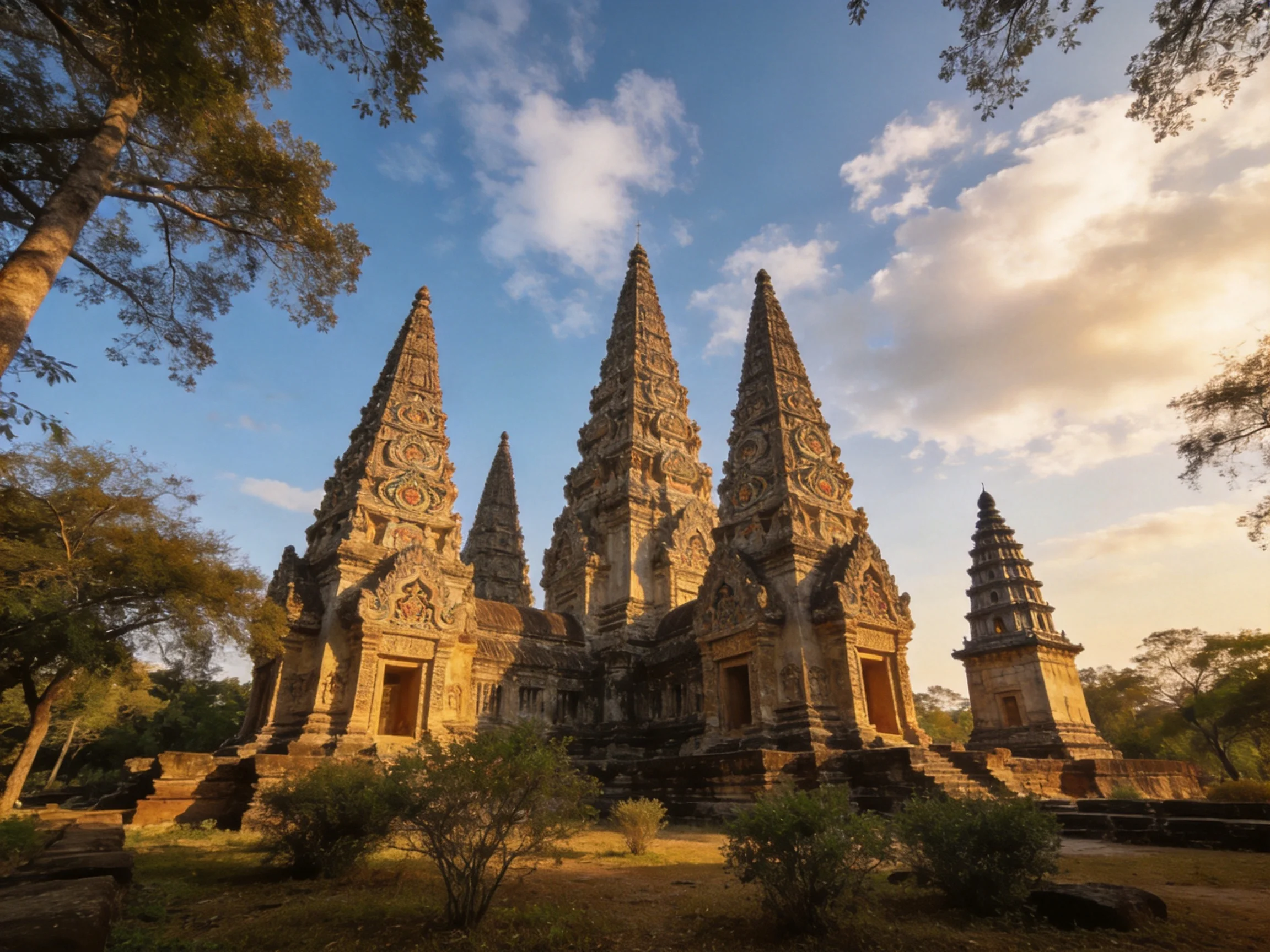 Five ancient stone temples with ornate carvings stand among greenery under a bright blue sky