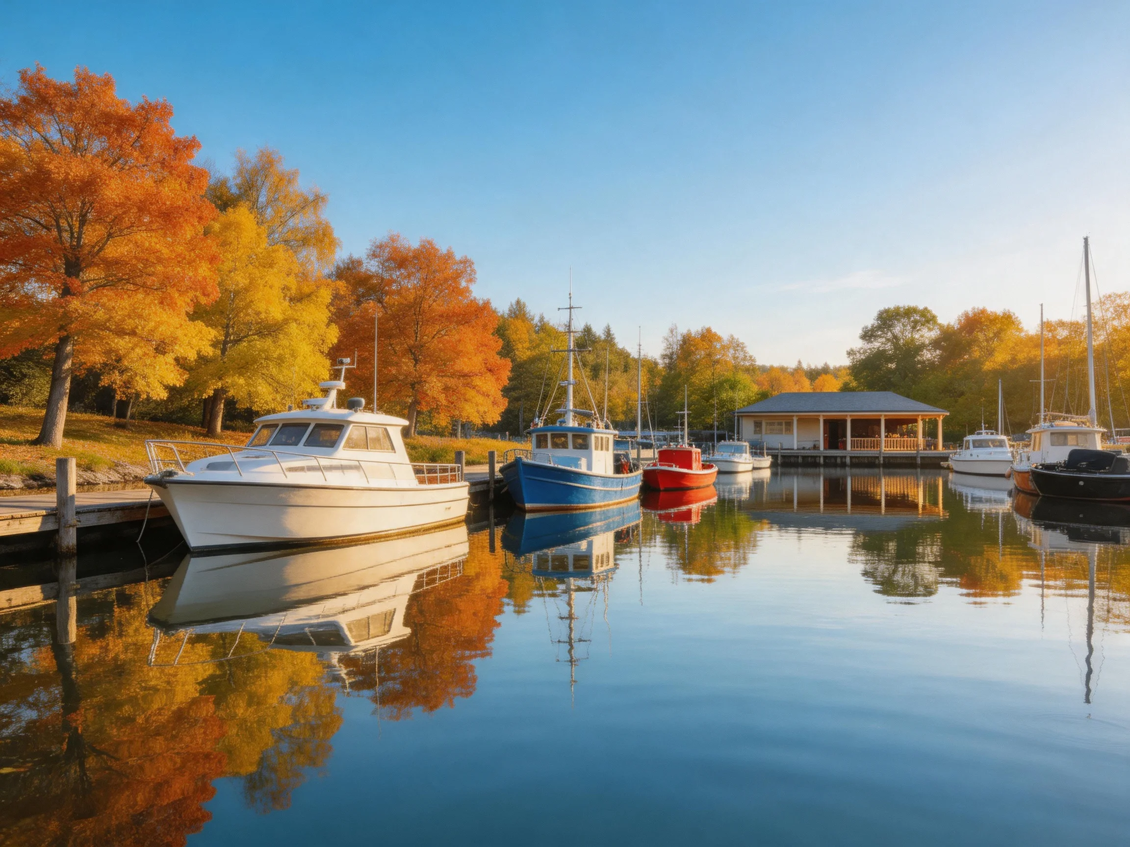 Five boats dock at a marina with vibrant fall trees and calm water