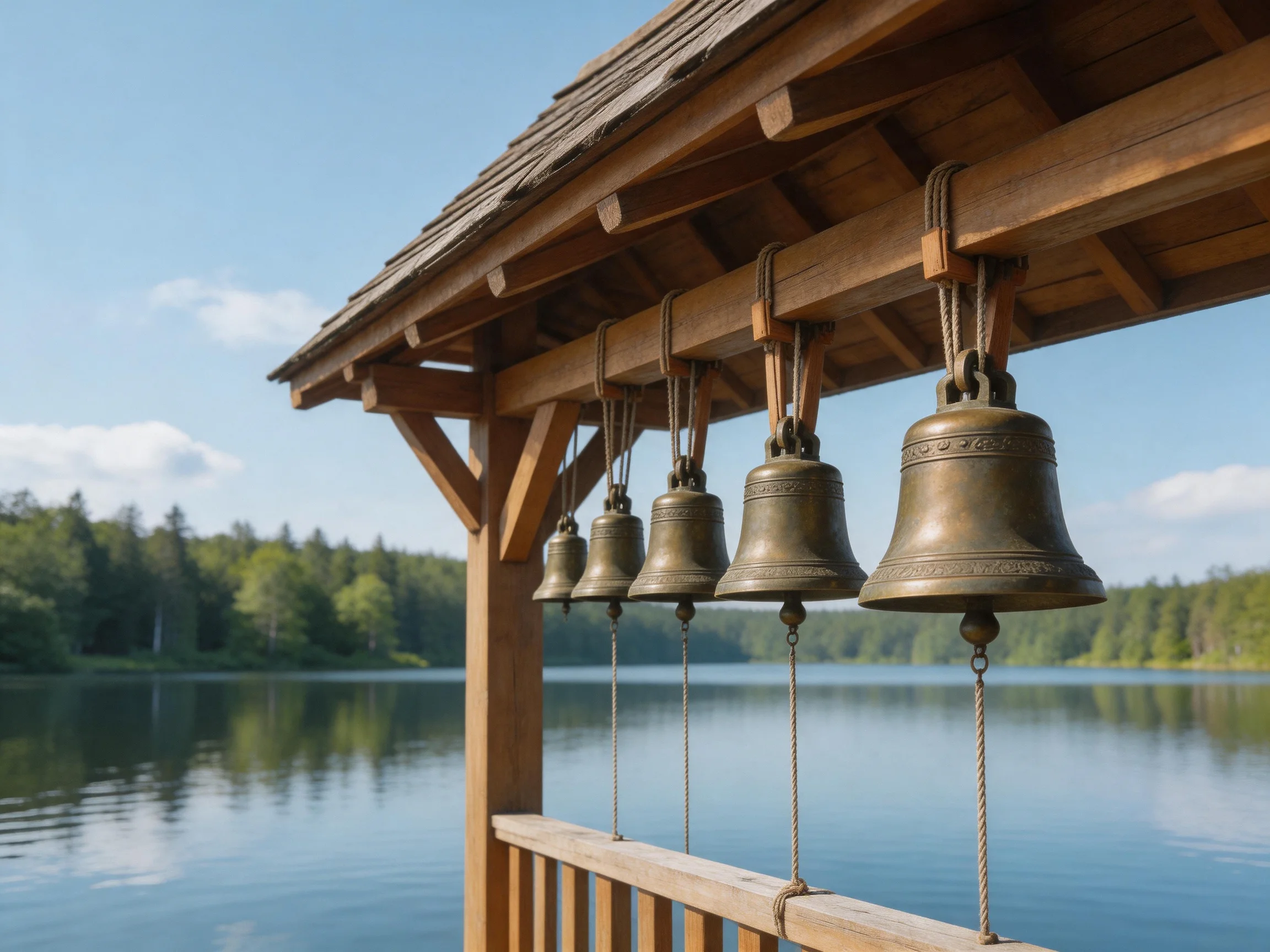 Five bronze bells hang from a wooden shelter by a calm lake