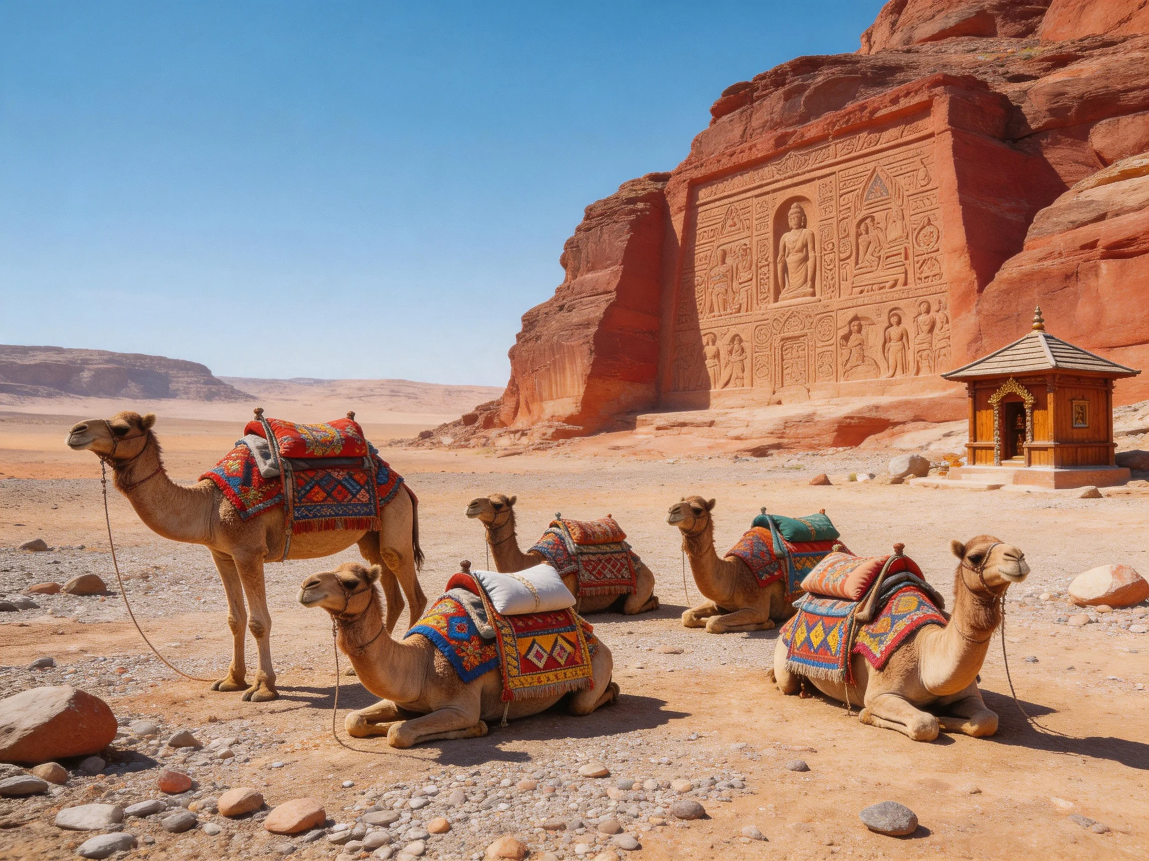 Five camels rest near ancient red rock carvings with colorful saddles