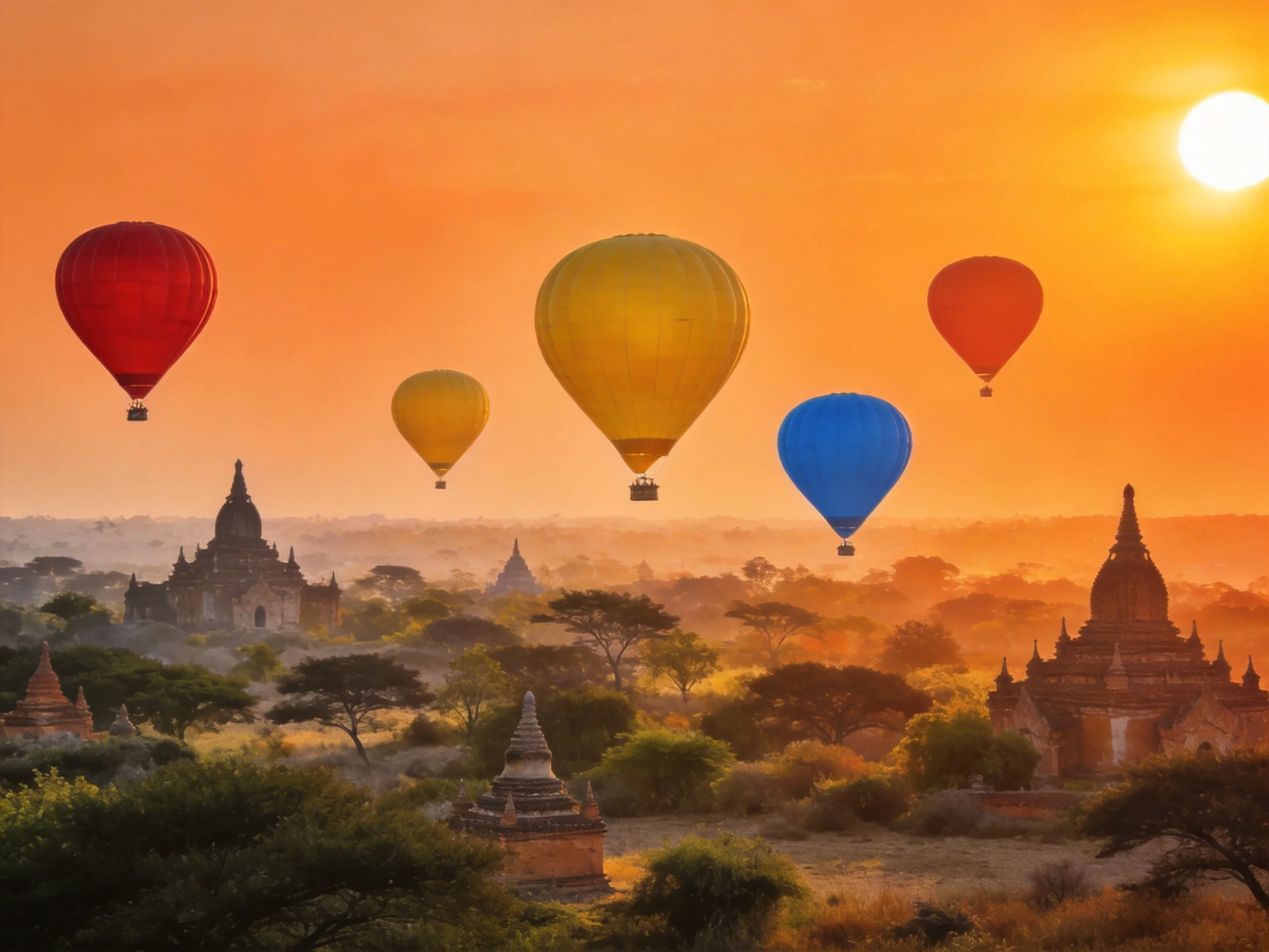 Five colorful hot air balloons float above ancient temple ruins at sunset