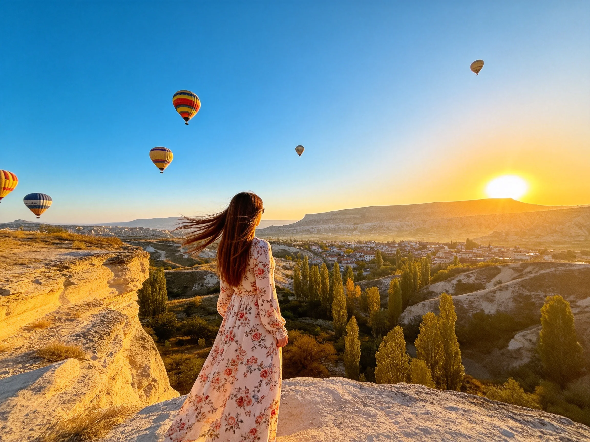 Five colorful hot air balloons float over rocky cliffs near a town at sunrise
