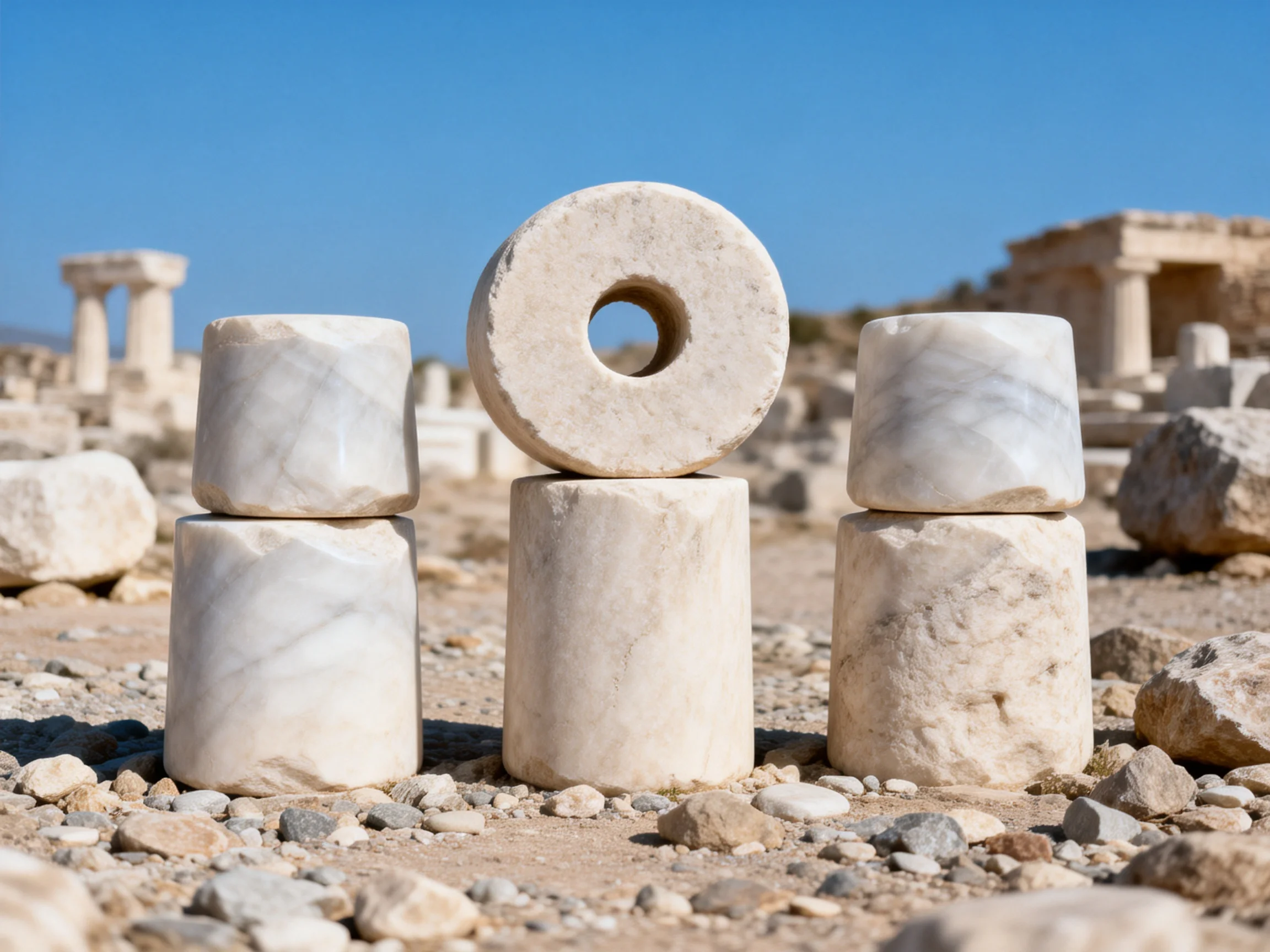 Five cylindrical stone structures and a disc in an archaeological site