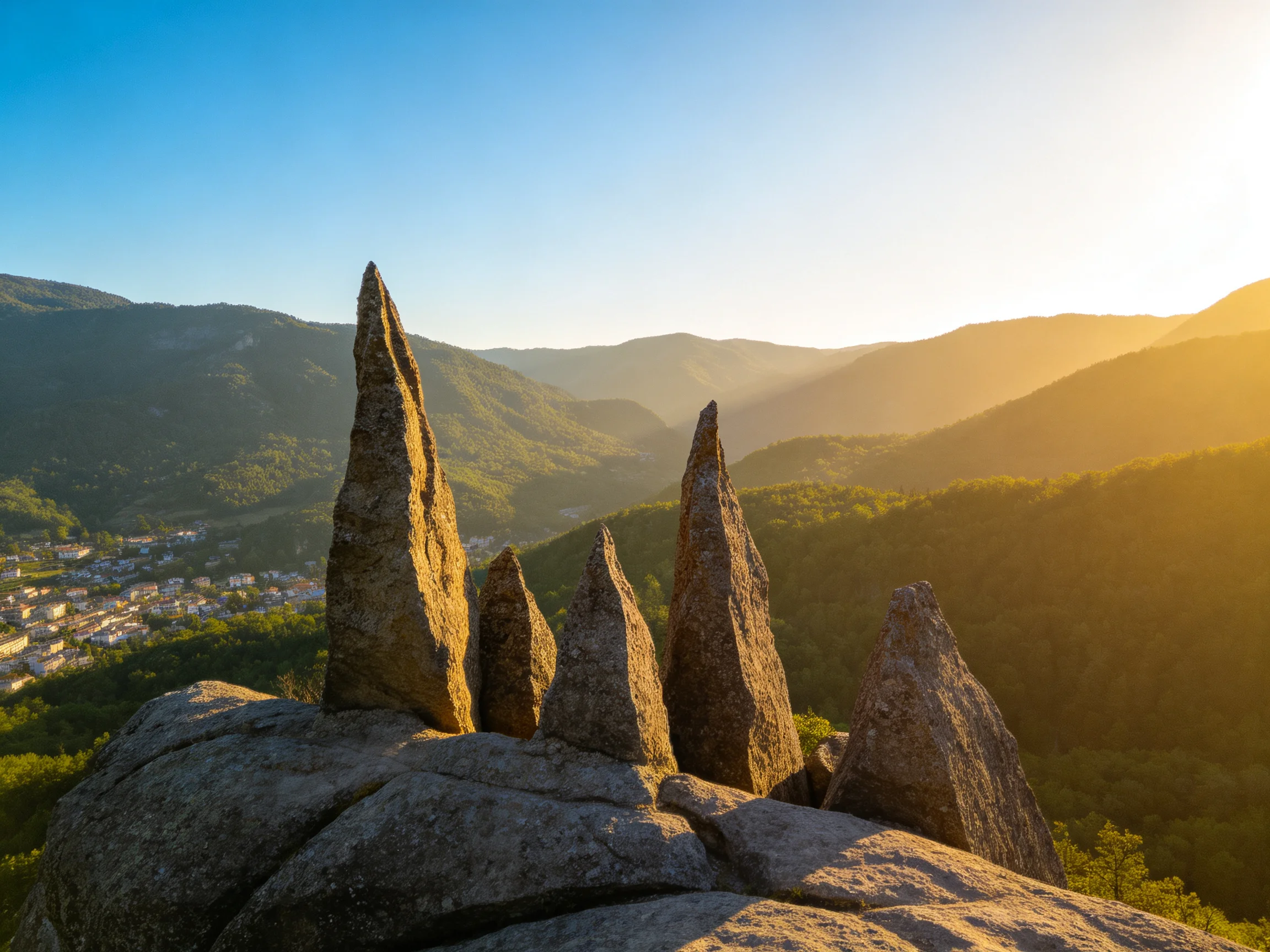 Five jagged rock spires atop a mountain overlook a valley town at golden hour