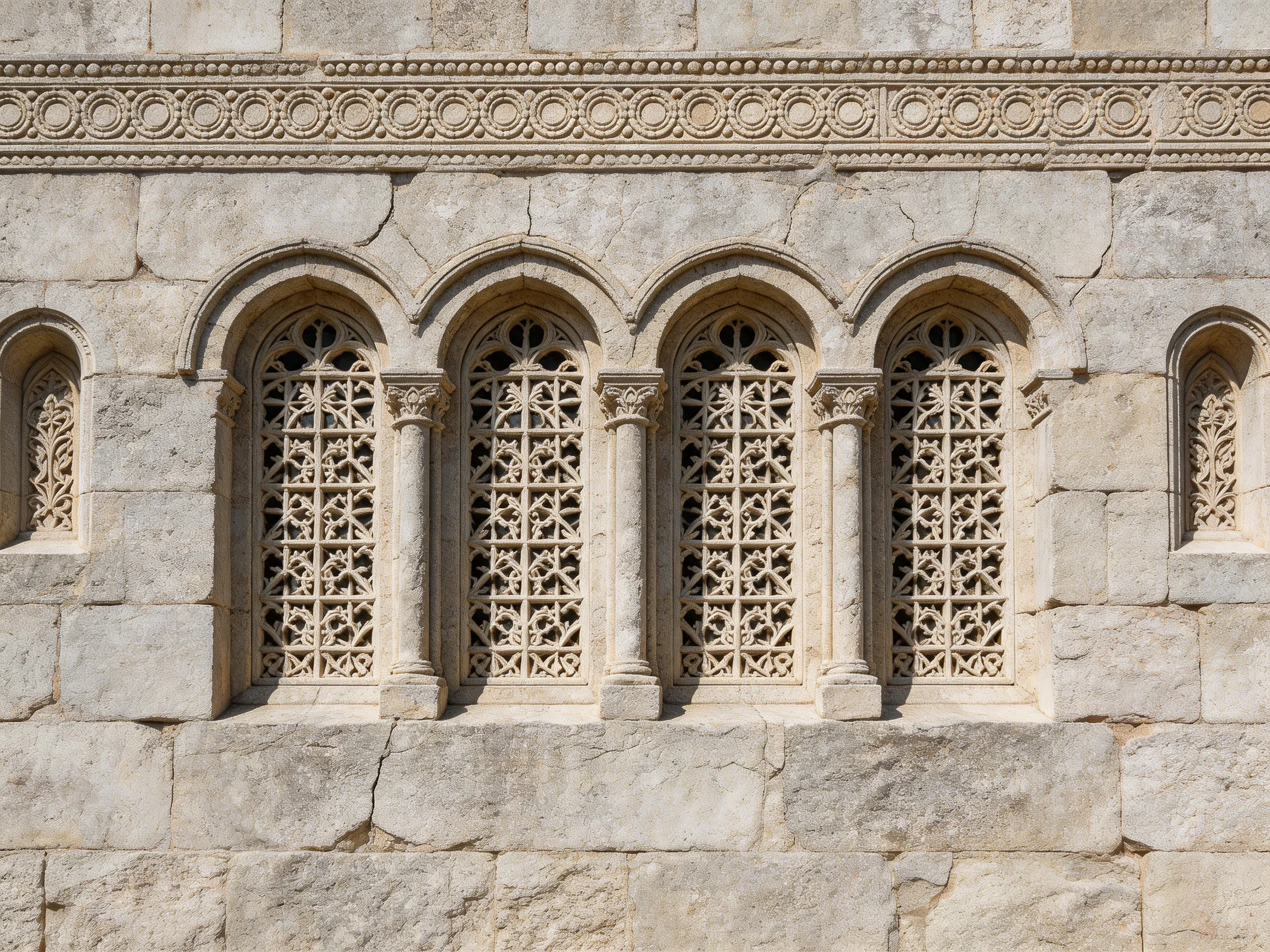Five ornate arched windows with intricate stone carvings on an aged stone wall