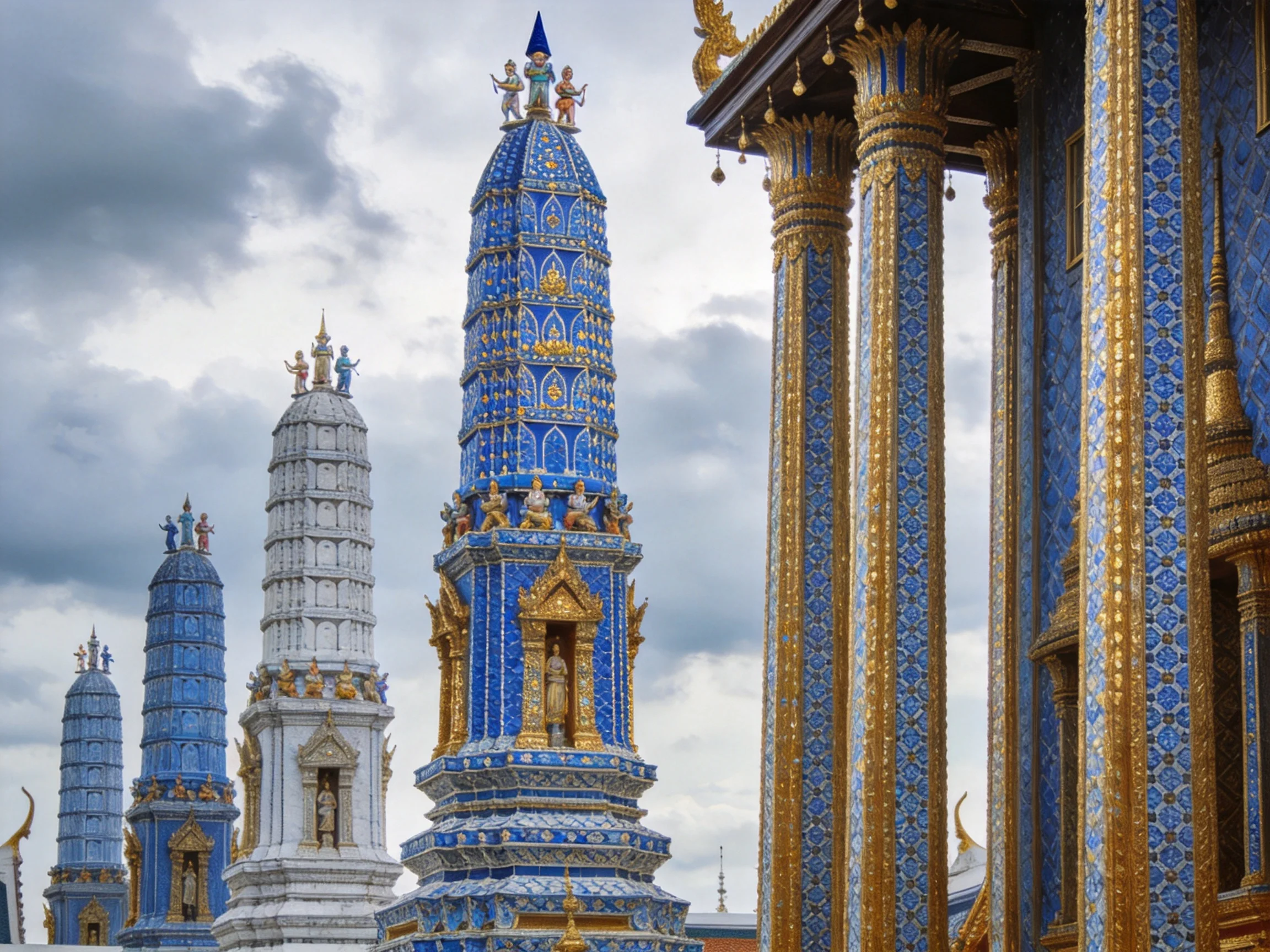 Five ornate blue and gold temple spires beside decorated columns