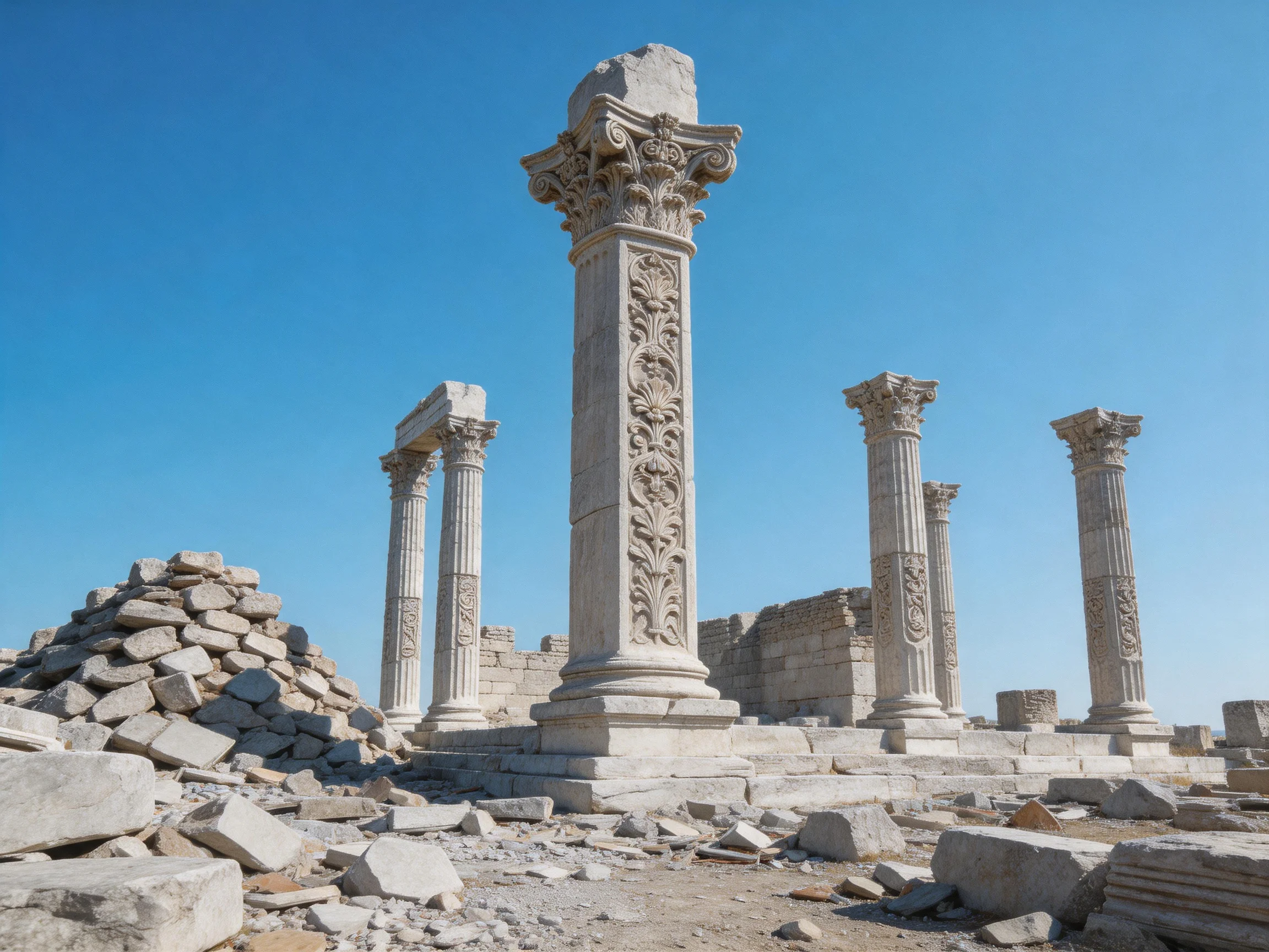 Five ornate stone columns stand among ancient ruins under bright blue sky