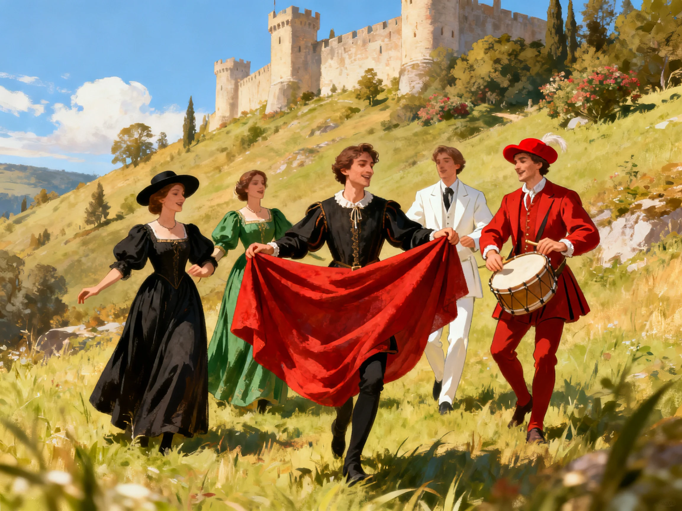 Five people in historical clothing with red cloth near a medieval castle
