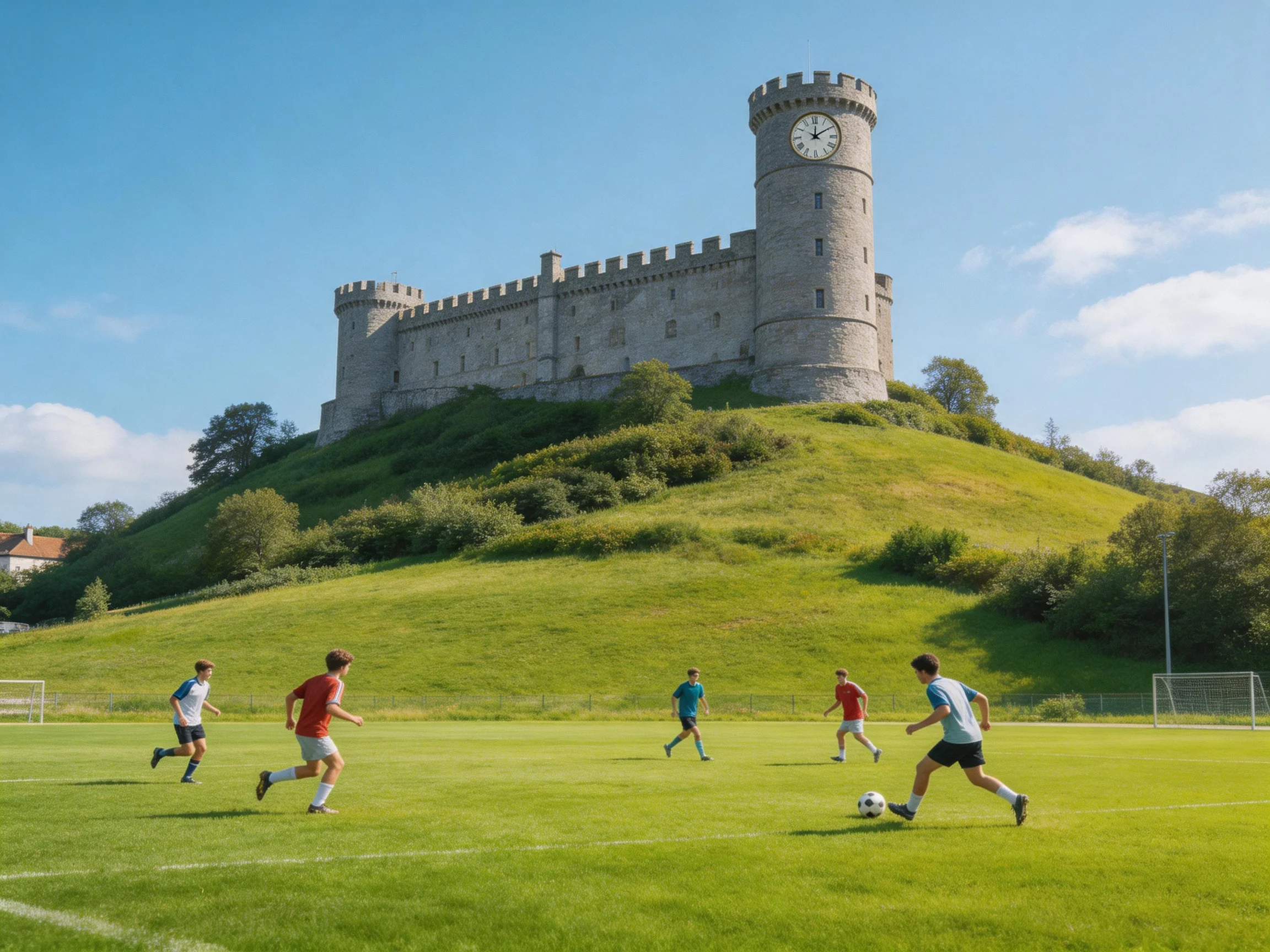 Five players soccer on green field near historic stone clock tower