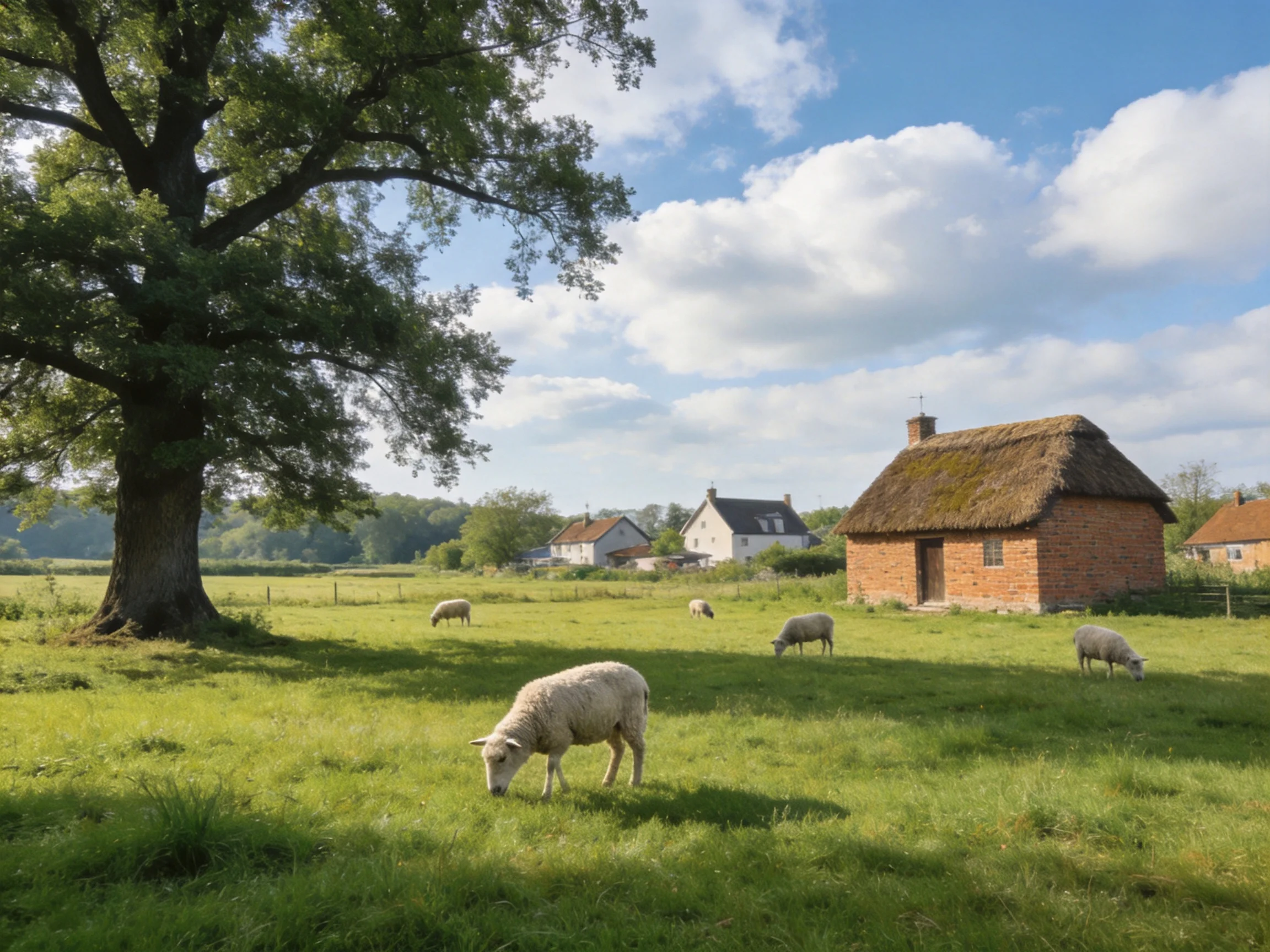 Five sheep graze near a large oak tree and thatched cottage
