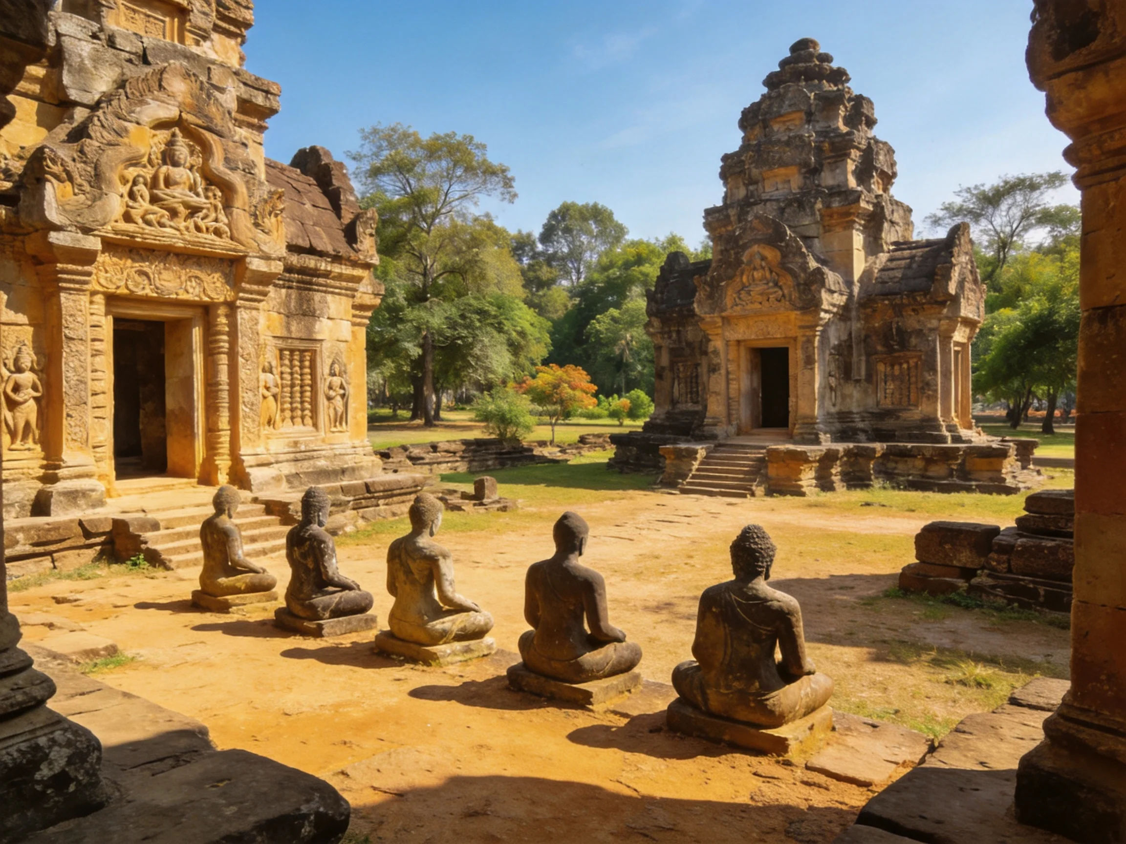 Five stone Buddha statues near two ancient temple structures