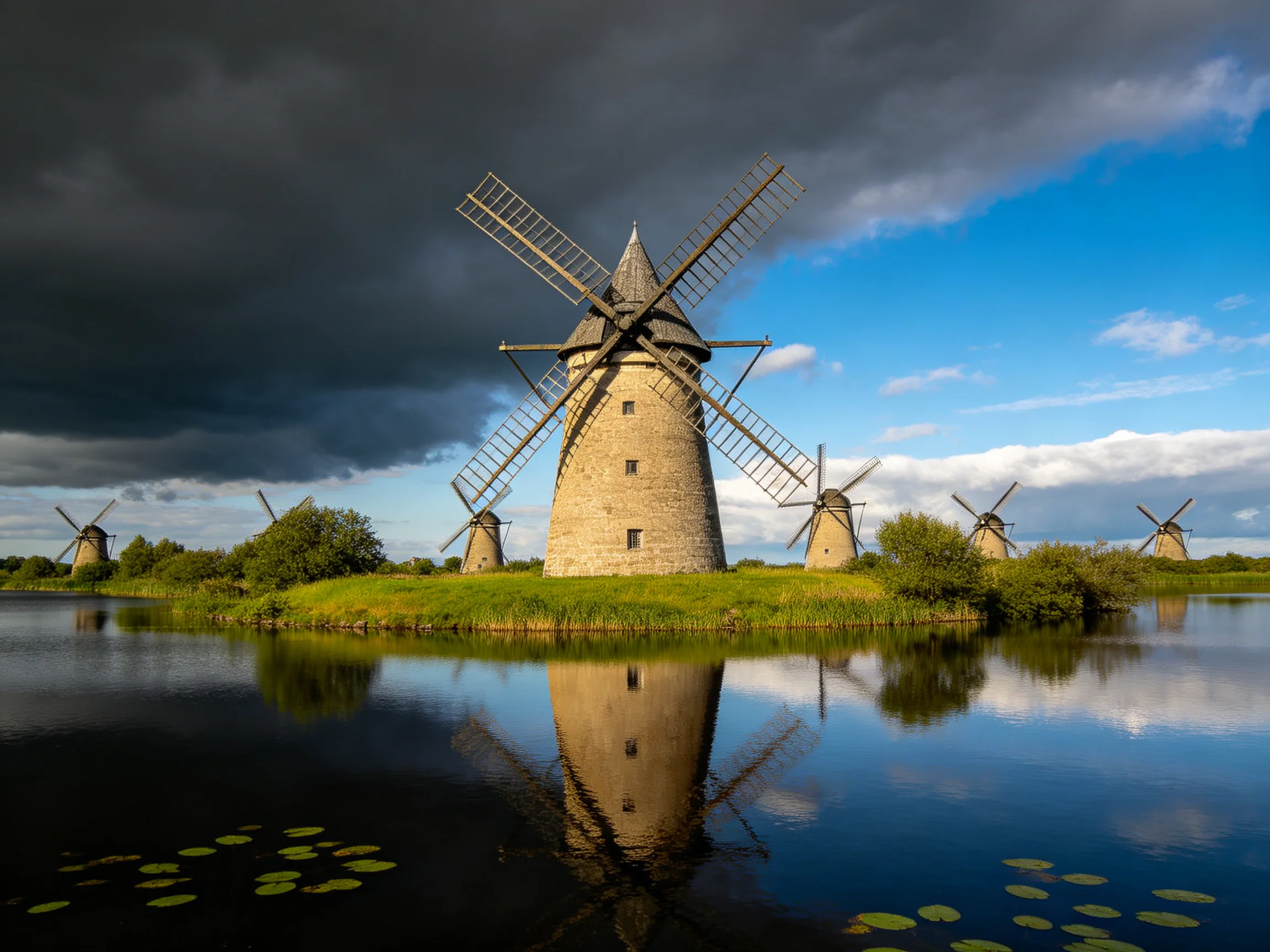Five stone windmills near calm waters under dramatic skies