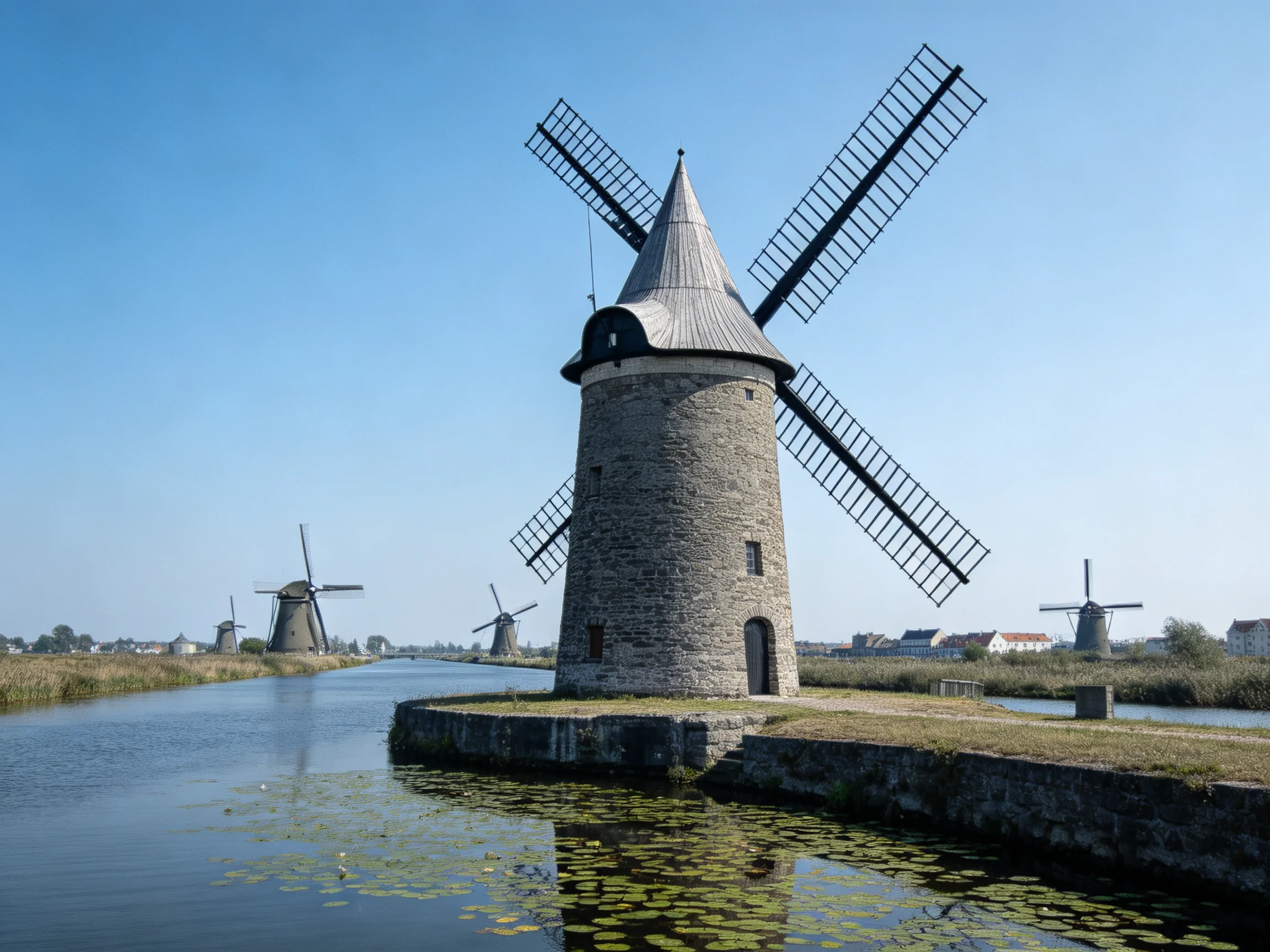 Five stone windmills near calm waterways under clear blue skies
