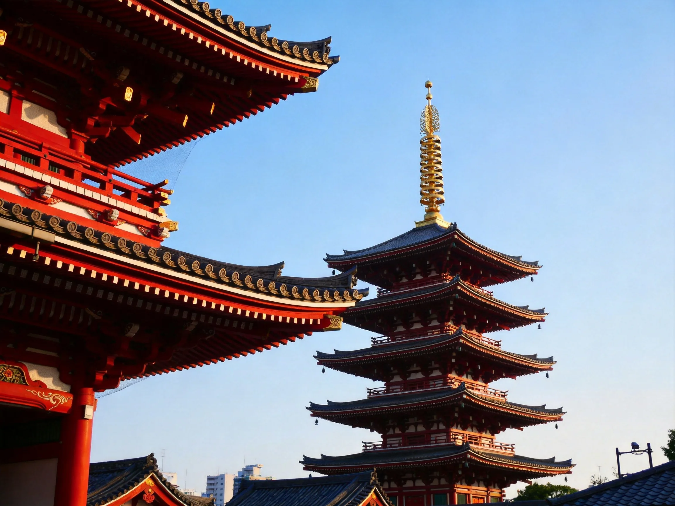 Five-tiered red pagoda near ornate traditional temple