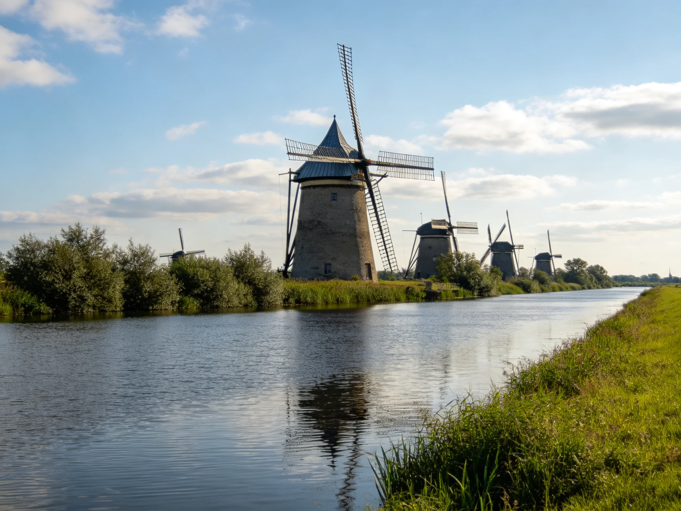 Five traditional windmills sit beside a tranquil water canal amid greenery