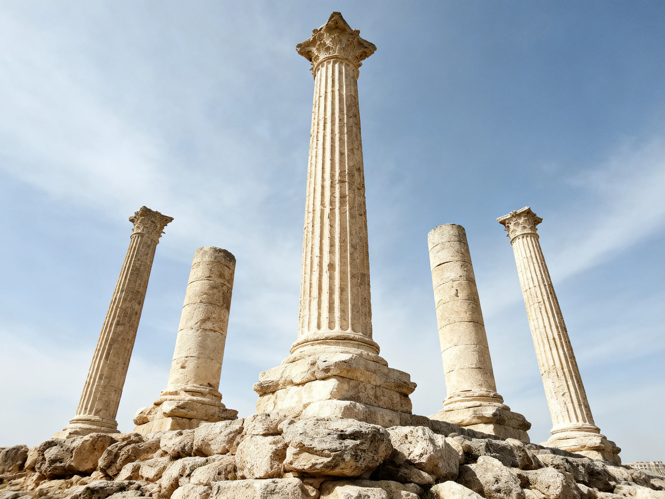 Five weathered stone columns stand against a clear blue sky