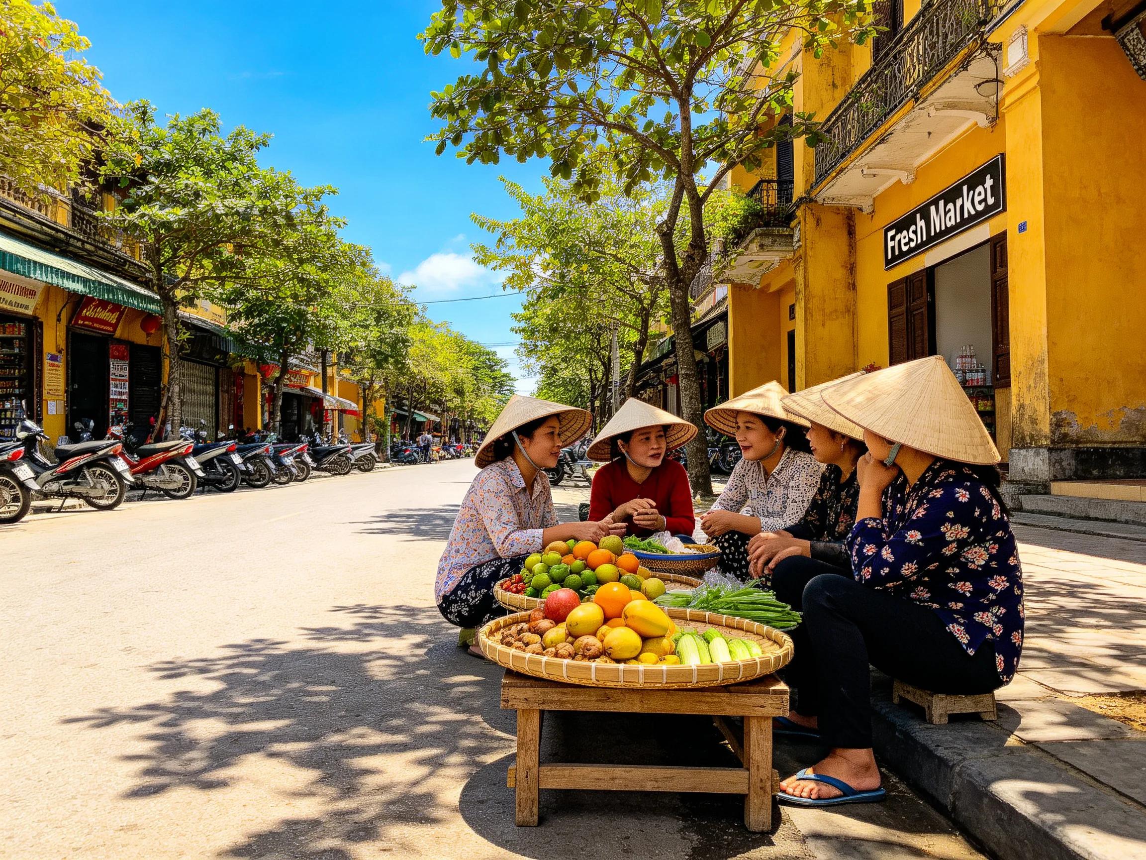 Five women in conical hats sell colorful fruits by a yellow Fresh Market building